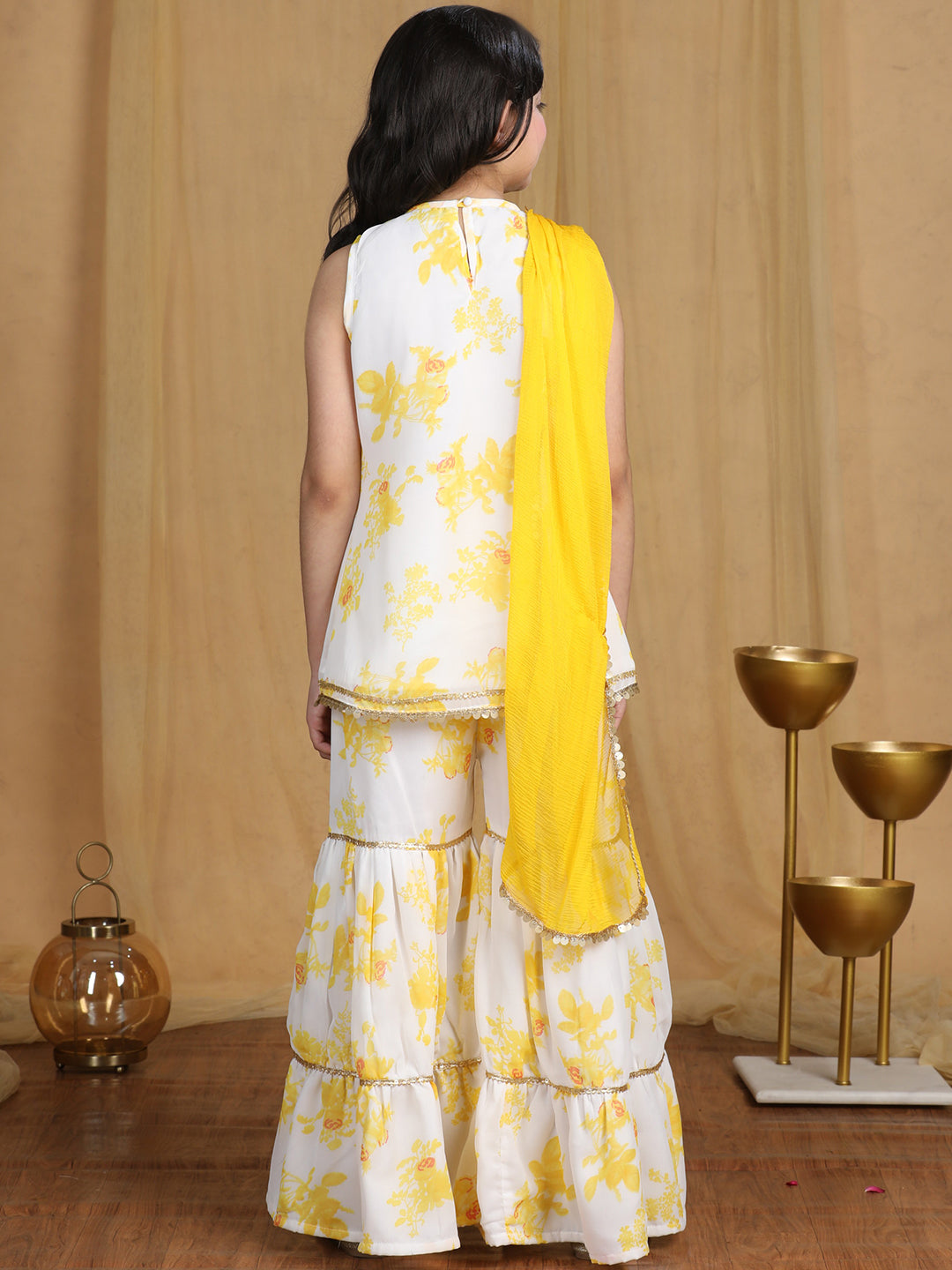 Cutiekins Girls Floral Print Sequined Kurta and Sharara with Dupatta -Off White & Gold