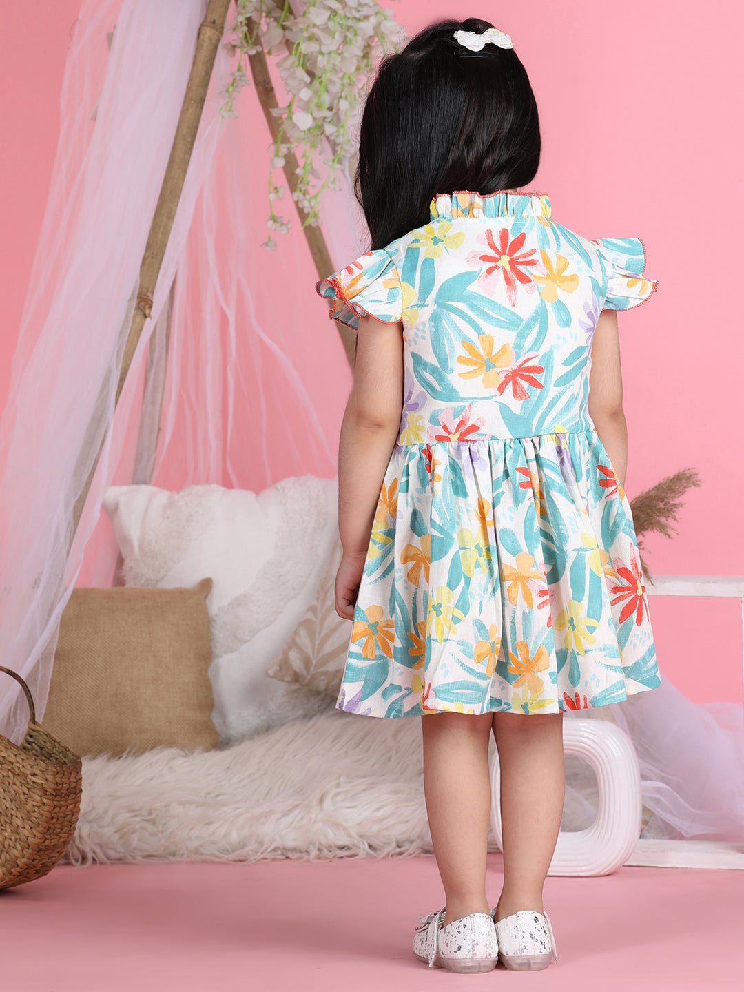 Cutiekins Mandarin Collar Printed Flared Dress-Sky Blue & White