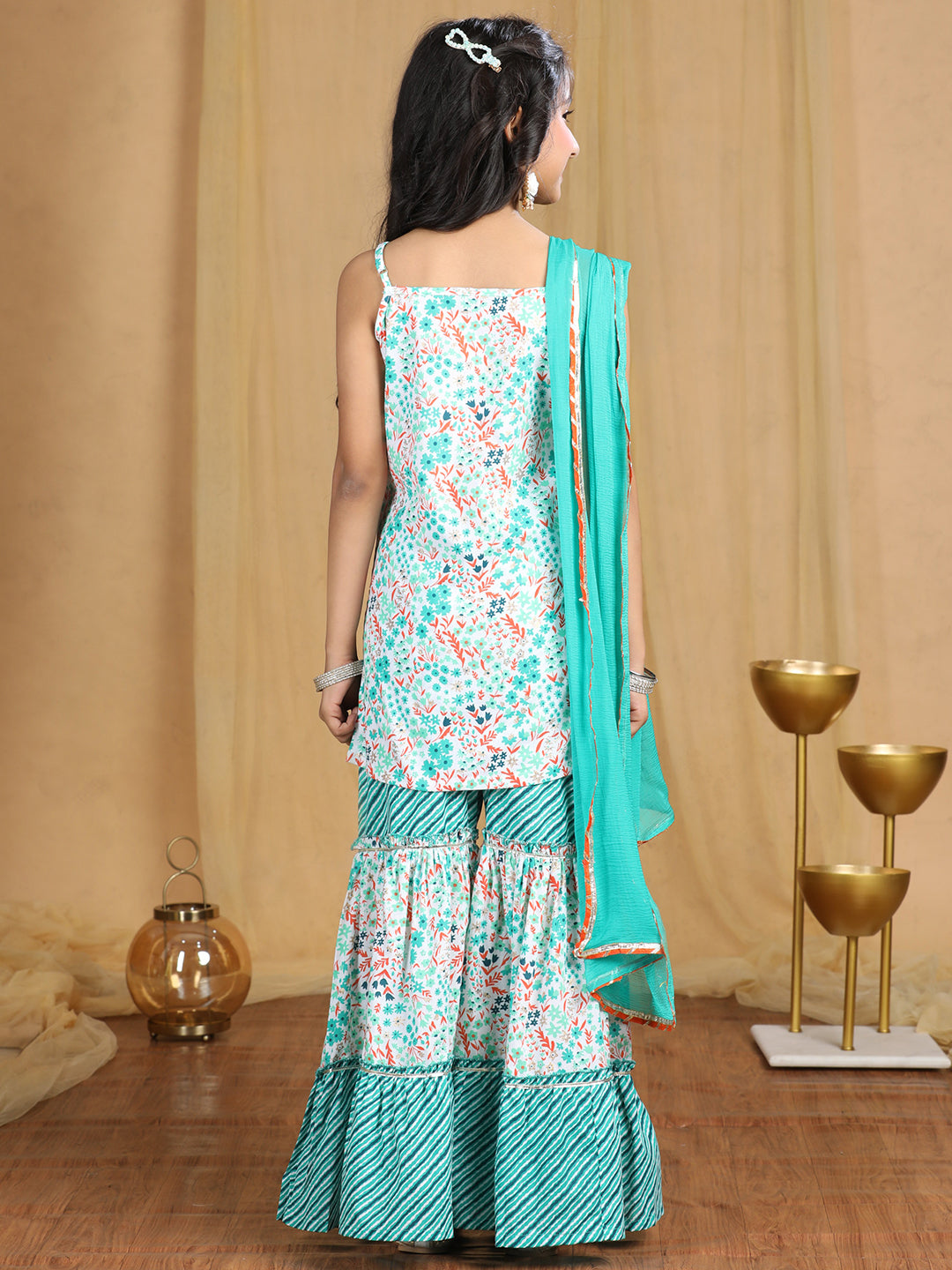 Cutiekins Girls floral Print Empire Kurta and Sharara with Dupatta -Off White & Rama Green