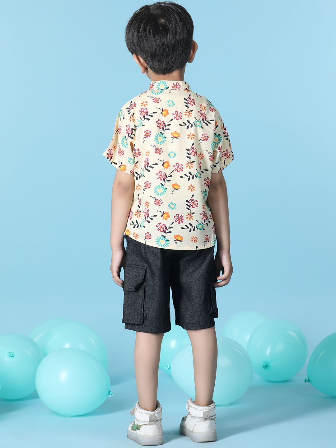 Cutiekins Boys Floral Print T-Shirt With Solid Denim Cargo Short -White & Black