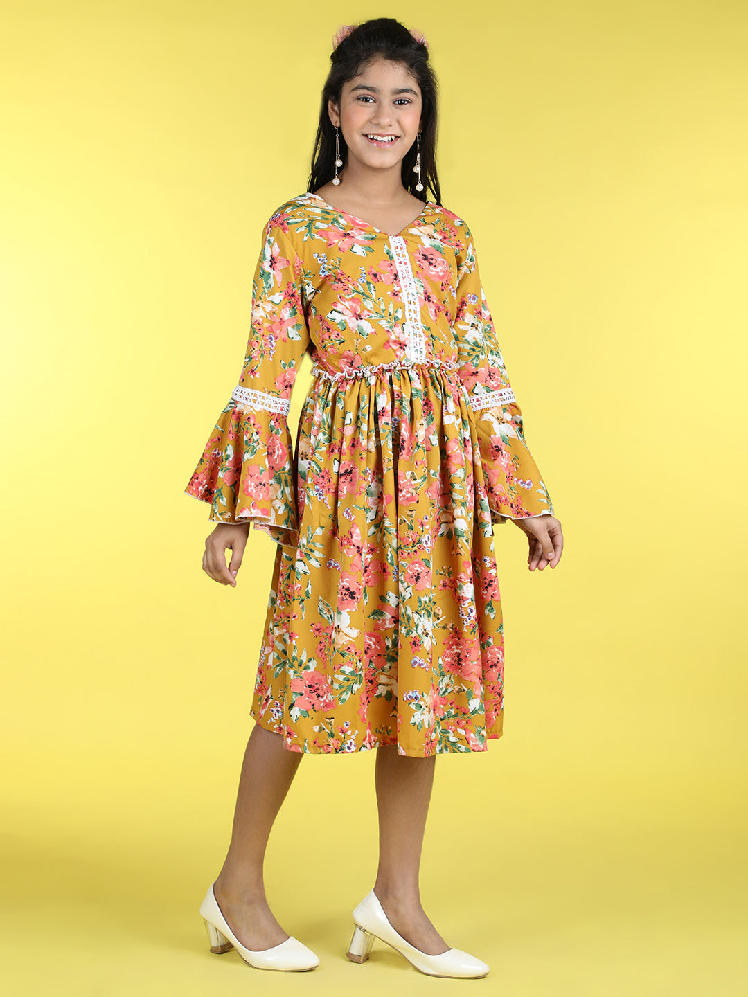 Cutiekins V-Neck Printed Flared Dress-Mustard & Pink