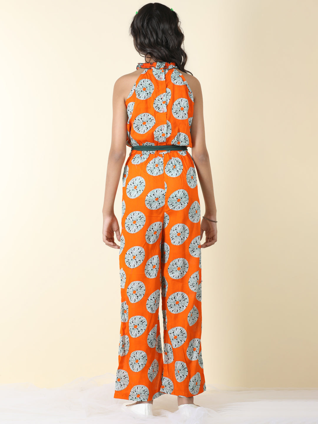 Cutiekins Girls Halter Neck Floral Print Jumpsuit -Orange & Off White