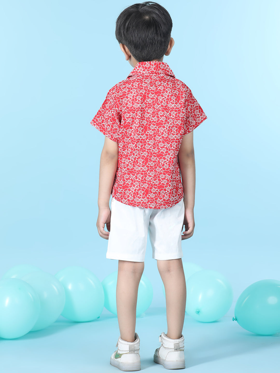 Cutiekins Boys Floral Print Shirt With Solid Lycra Short -Red & White