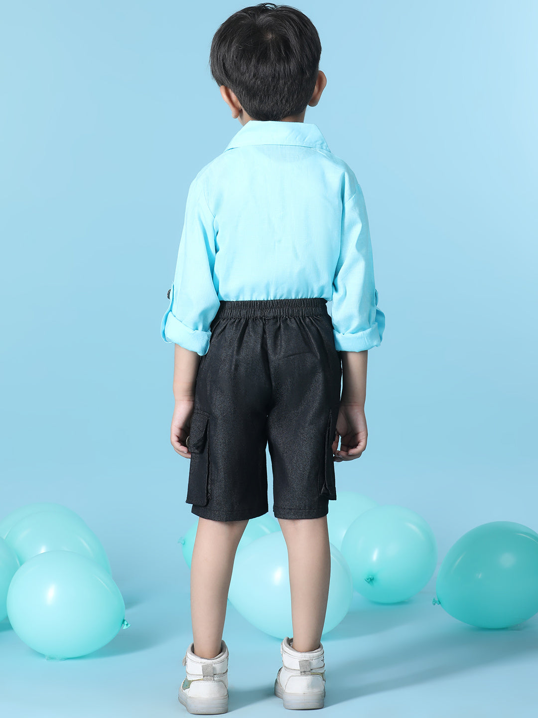 Cutiekins Boys Solid Shirt With Solid Denim Cargo Short -Sky Blue & Black