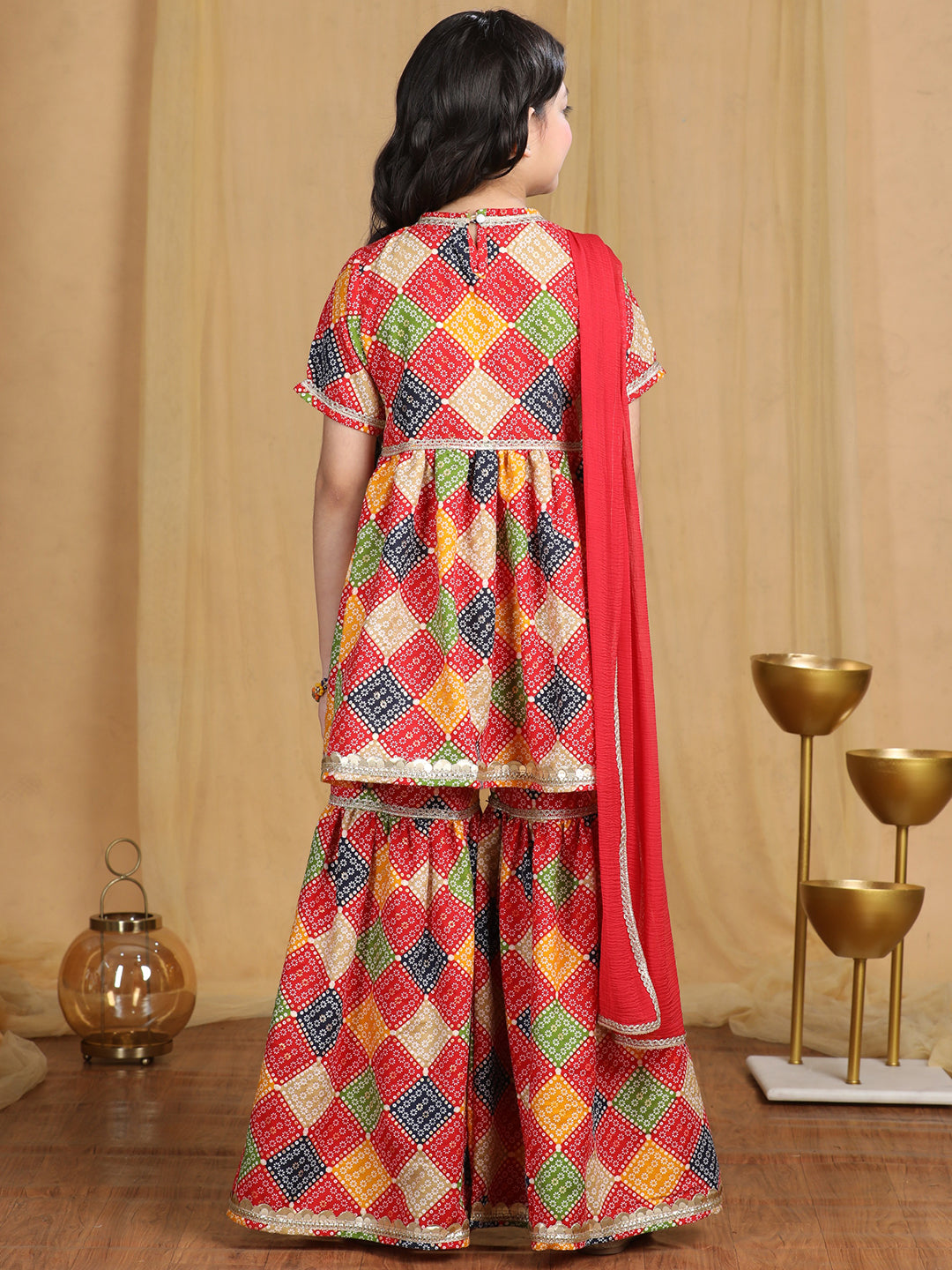 Cutiekins Girls Bandhani Print Empire Kurta and Sharara with Dupatta -Red & Multi