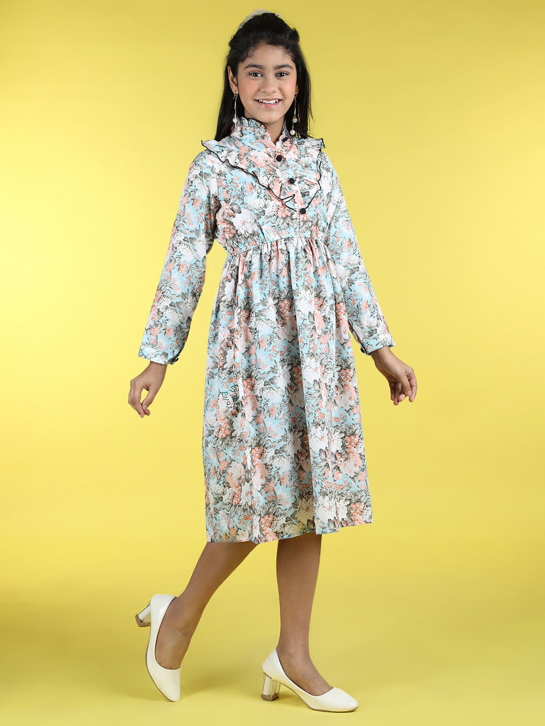Cutiekins Mandarin Collar Printed Flared Dress-Sky Blue & Peach