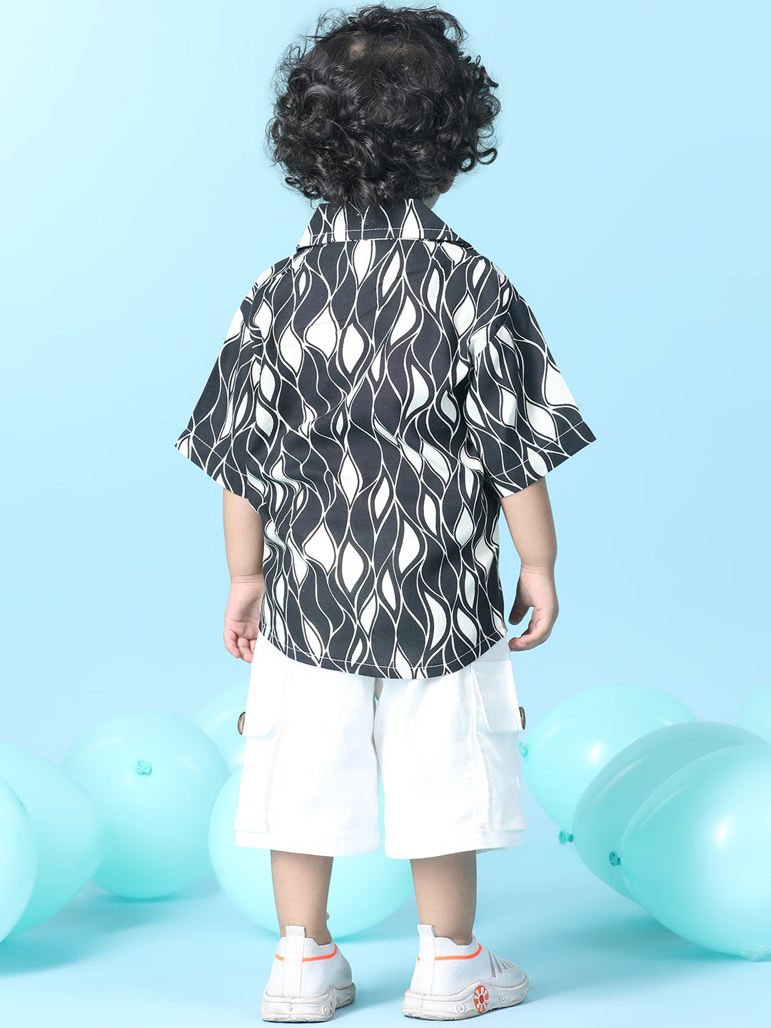 Cutiekins Boys Abstract Print Shirt With Solid Lycra Cargo Short -Black & Off White