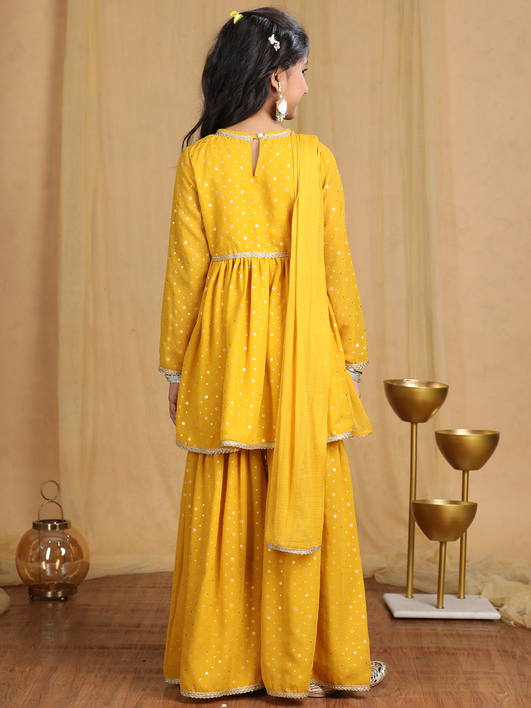 Cutiekins Girls Self Design Empire Kurta and Sharara with Dupatta -Mustard & Gold