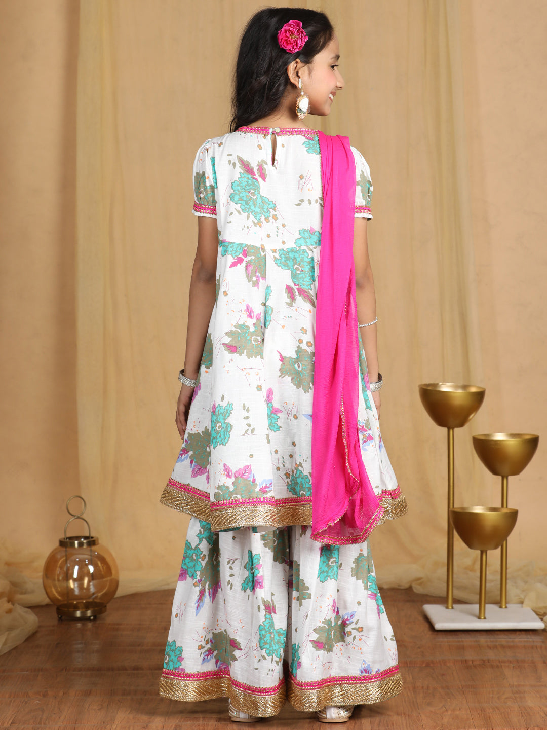 Cutiekins Girls Floral Print Angrakha Kurta & Sharara with Solid Dupatta -Off White & Rama Green