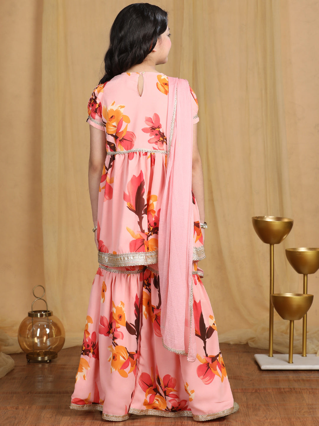 Cutiekins Girls Floral Print Embroidered Gotta Patti Kurta and Sharara with Dupatta -Peach & Gold