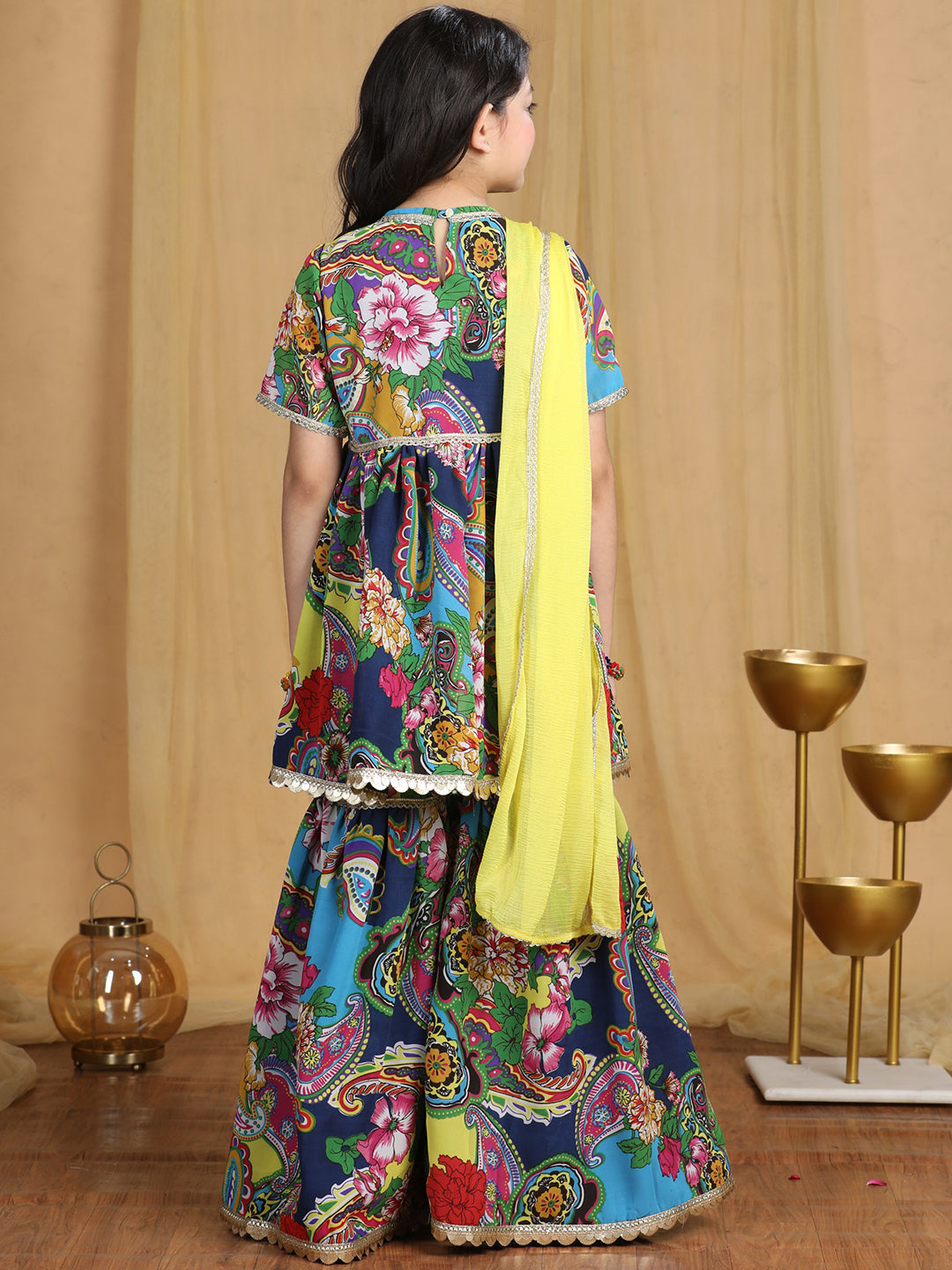 Cutiekins Girls Paisley Print Embroidered Kurta and Sharara with Dupatta -Navy Blue & Multi