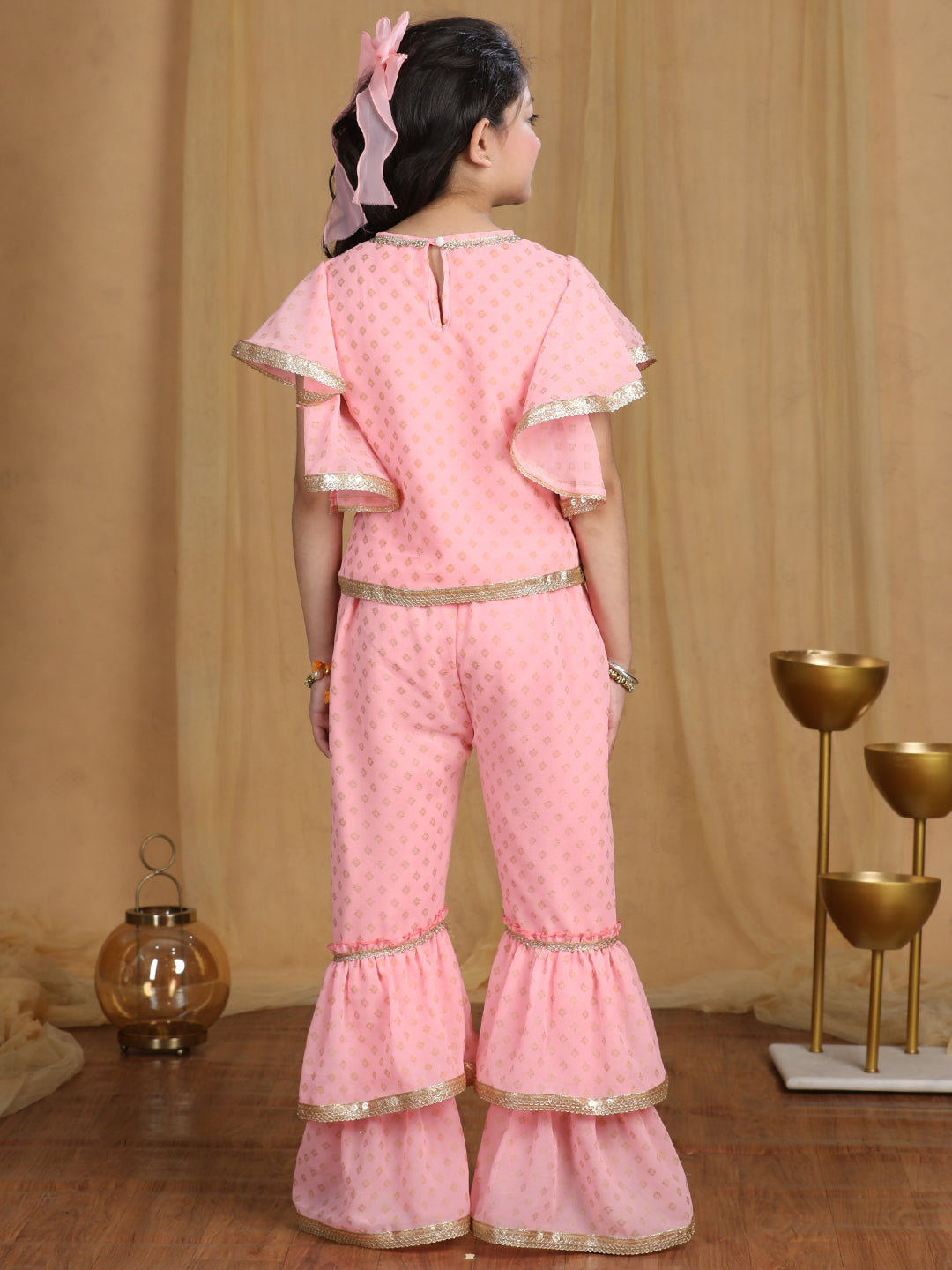 Cutiekins Girls Embroidered and Self Design A-line Kurta and Sharara -Pink & Gold