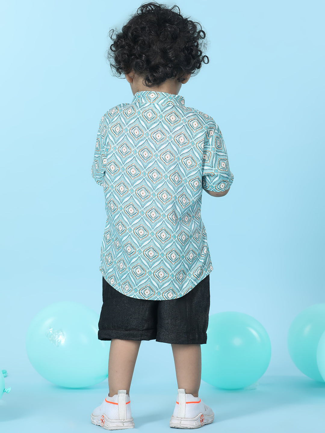 Cutiekins Boys Printed T-Shirt With Solid Denim Short -Turquoise Blue & Black