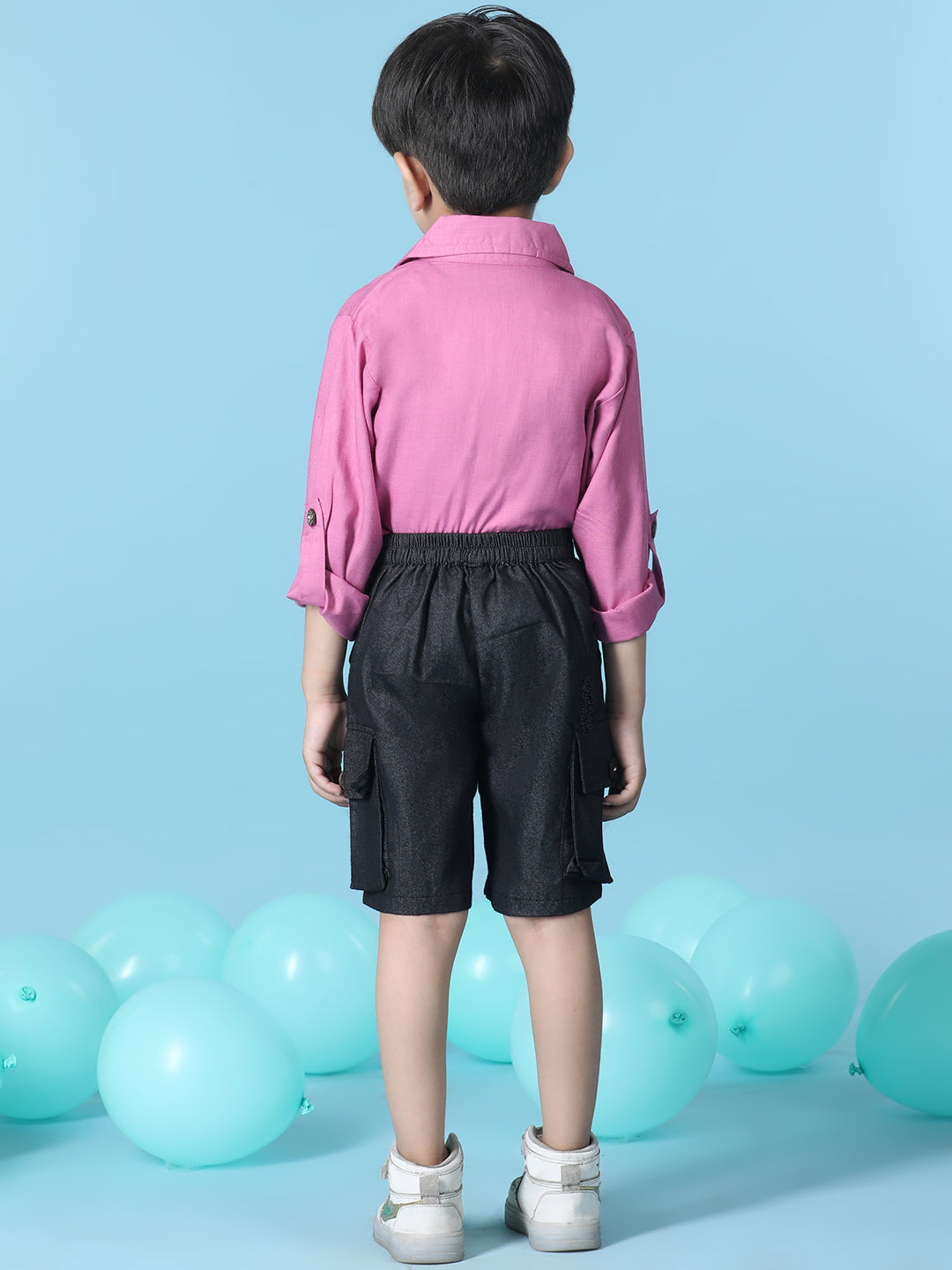 Cutiekins Boys Solid Shirt With Solid Denim Cargo Short -Neon Pink & Black