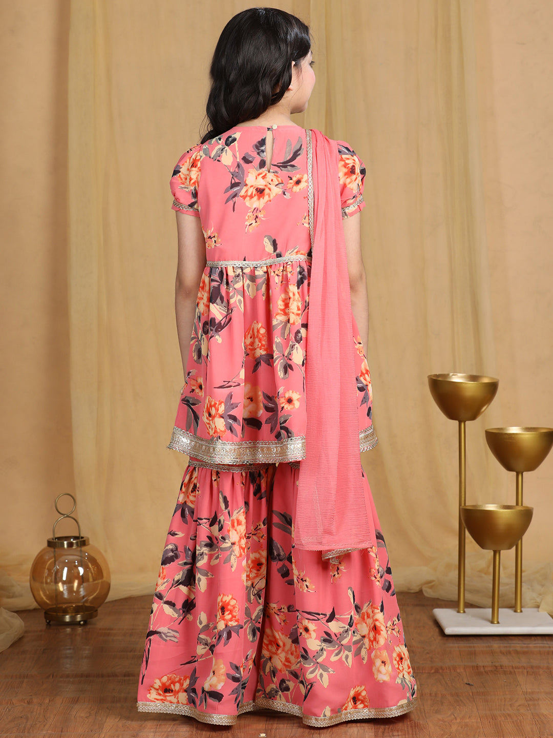Cutiekins Girls Floral Print Embroidered Gotta Patti Kurta With Sharara -Coral & Gold