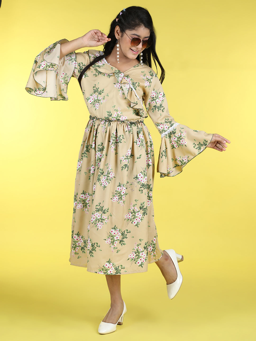 Cutiekins V-Neck Printed Flared Dress-Baige & Green