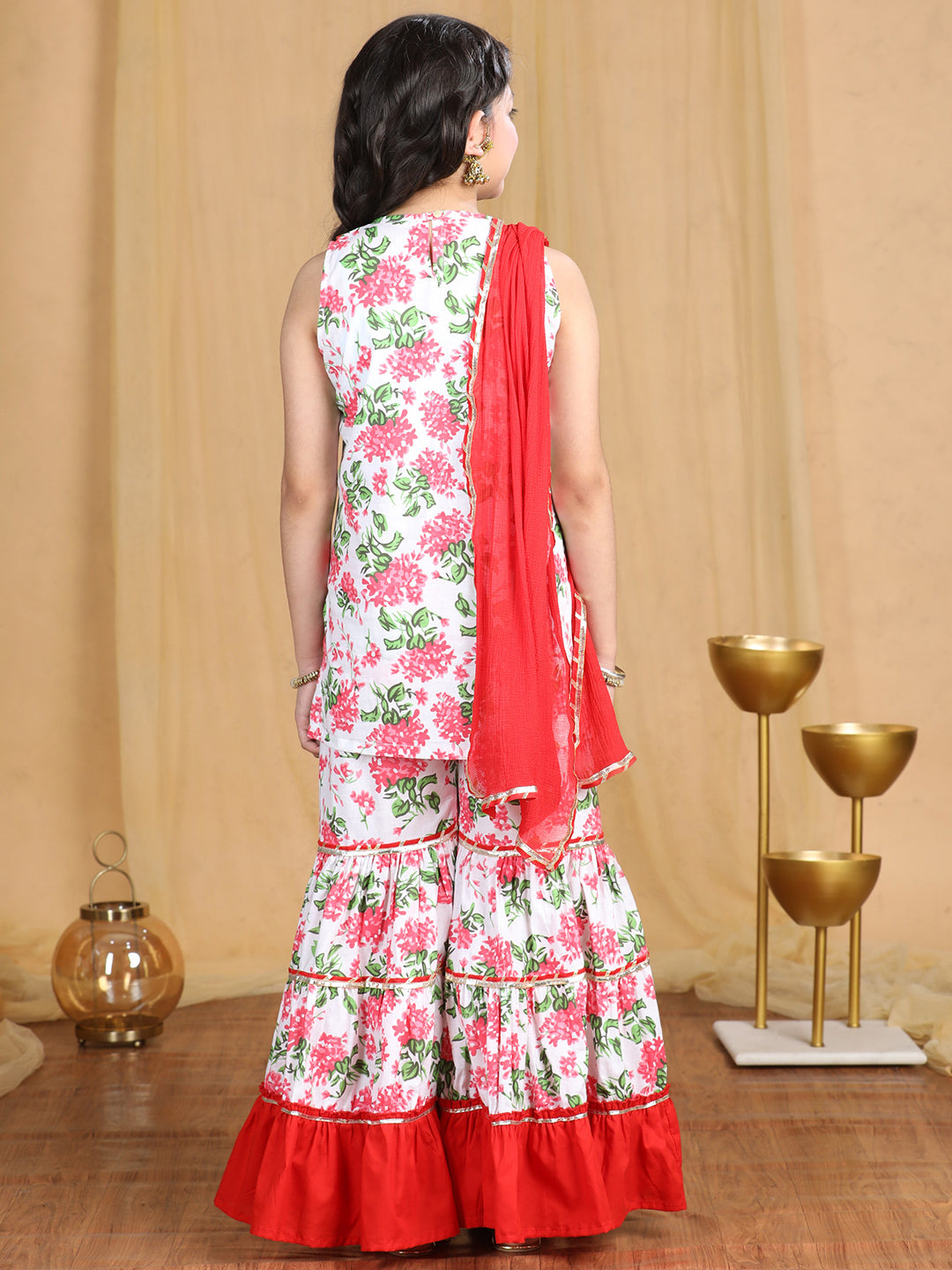 Cutiekins Girls Floral Print Empire Kurta and Sharara with Dupatta -White & Red
