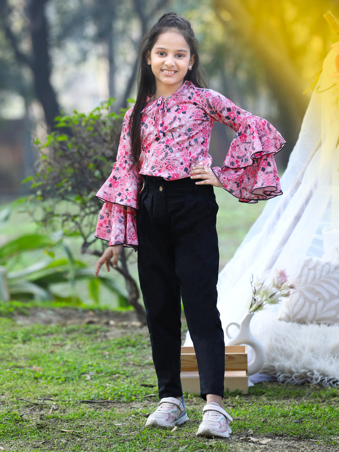 Cutiekins Front Knot Round Neck Foral Printed Regular Top & Trousers Set -Pink & Black