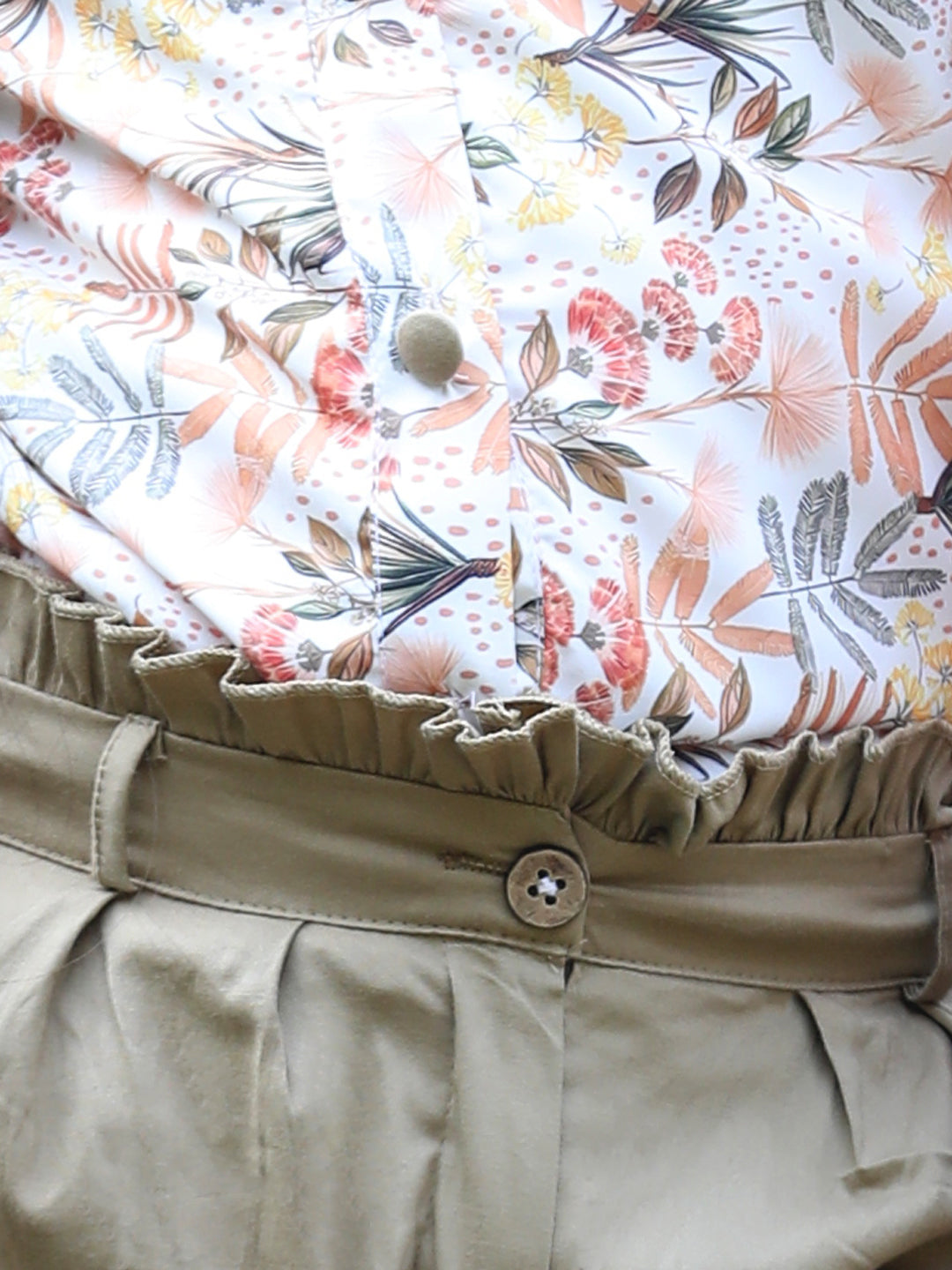 Cutiekins Collar Neck Foral Printed Regular Top & Trousers Set -Baige & Khaki