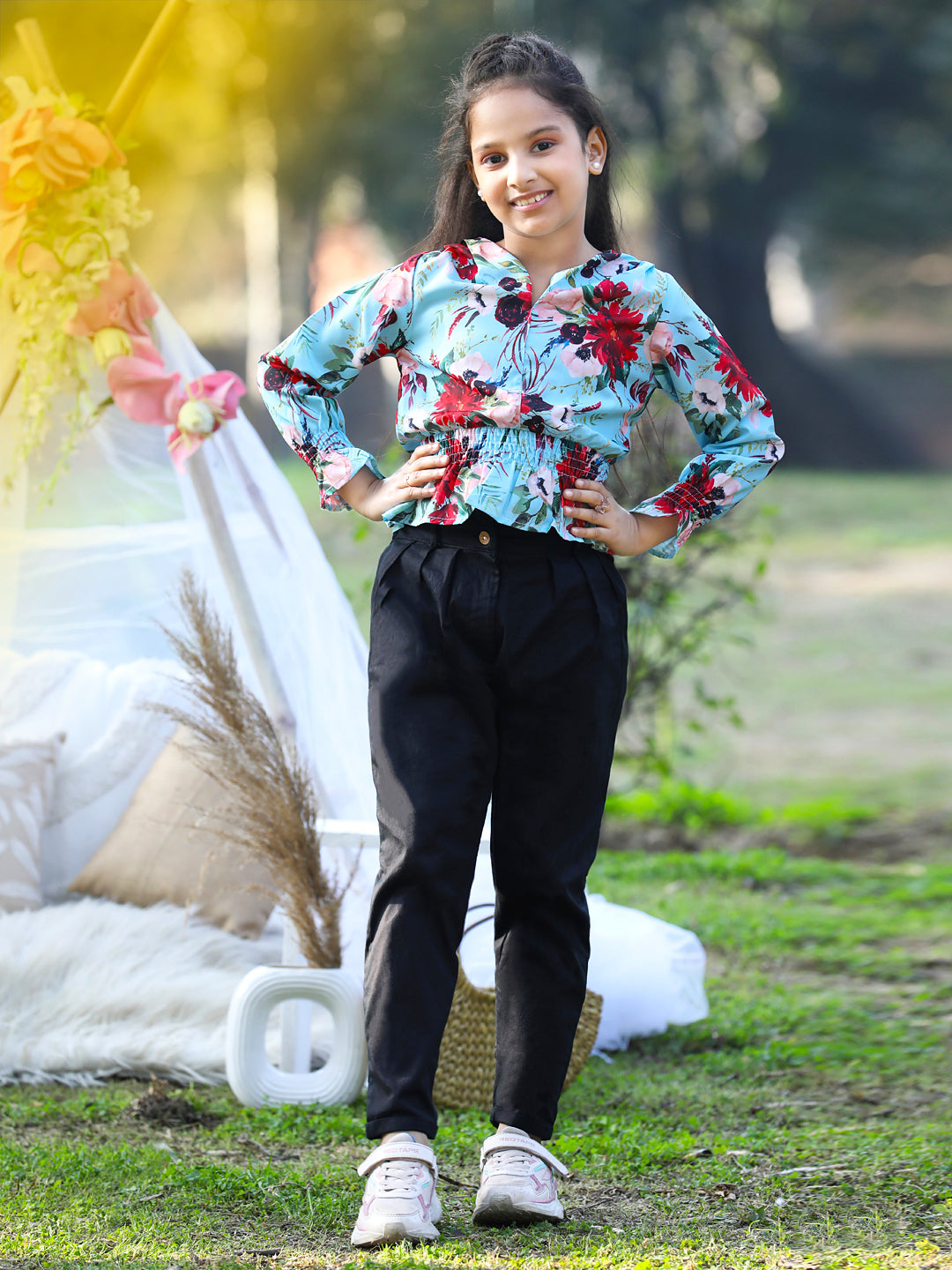 Cutiekins V Neck Foral Printed Crop Top & Trousers Set -Turquoise Blue & Black