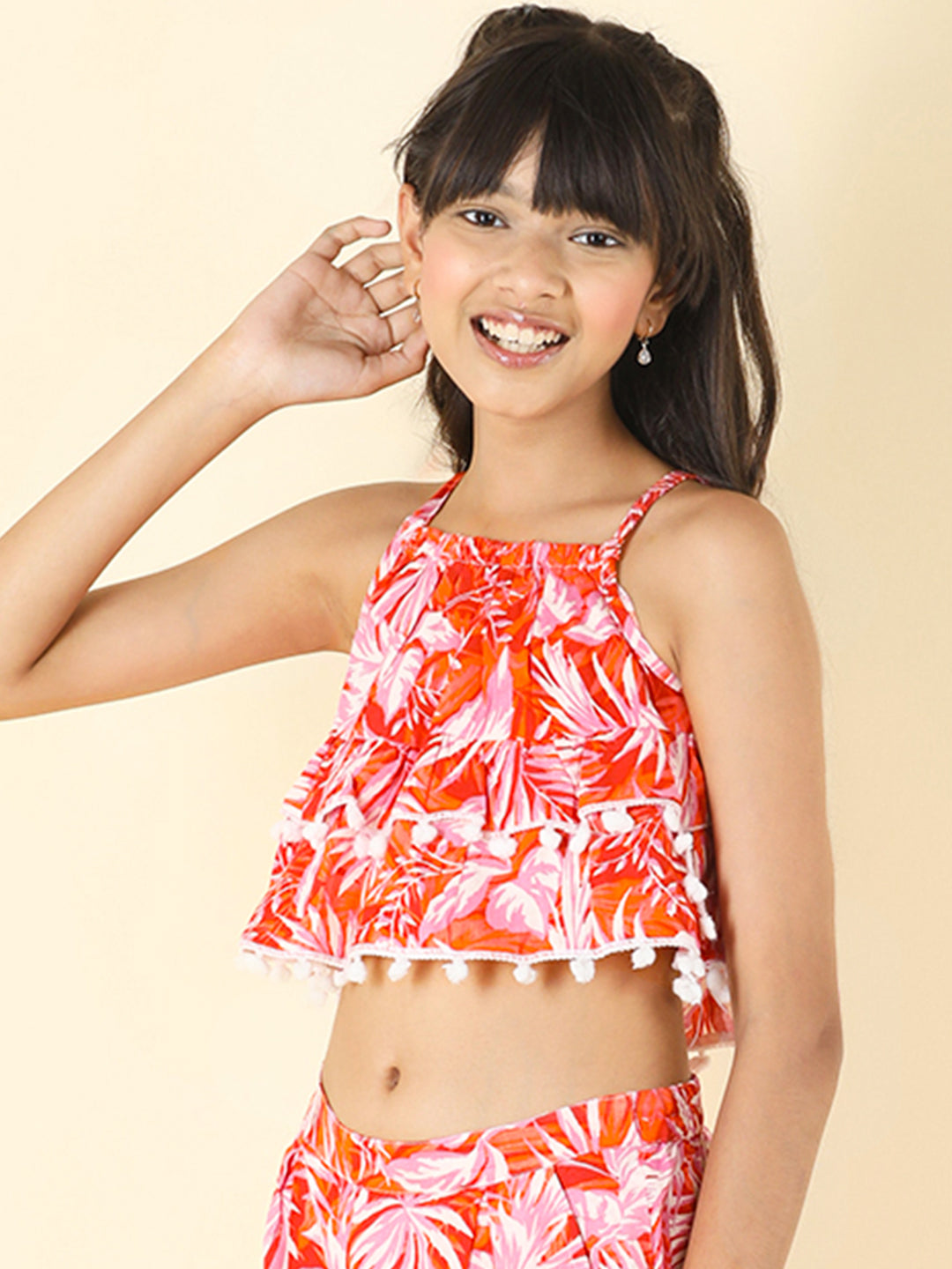 Cutiekins Girls Cotton Shoulder Strap Floral Print Crop Top -Orange & White