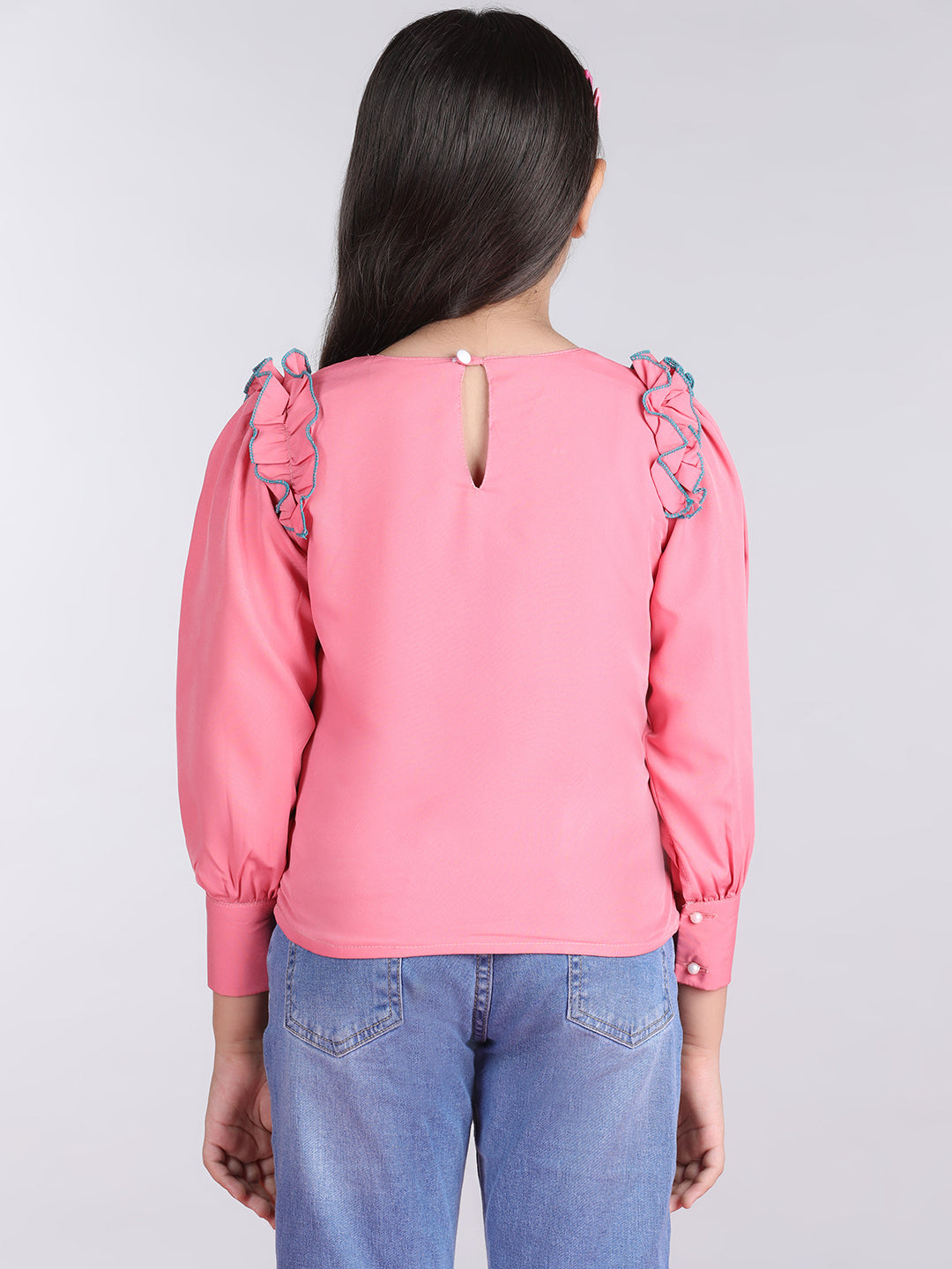 Cutiekins Solid Full Sleeves Polyester Tops-Peach & White