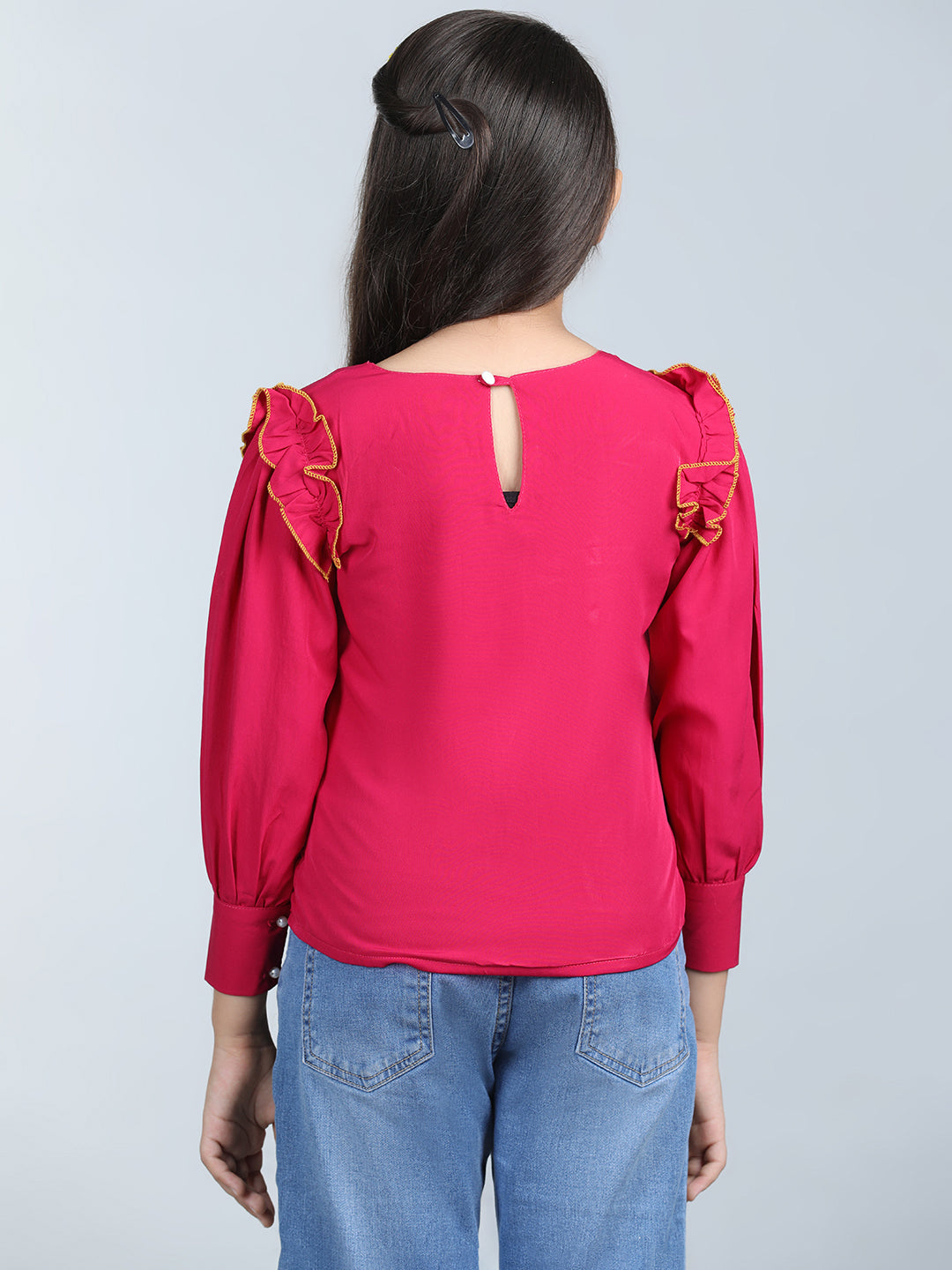 Cutiekins Solid Full Sleeves Polyester Tops-Pink & White
