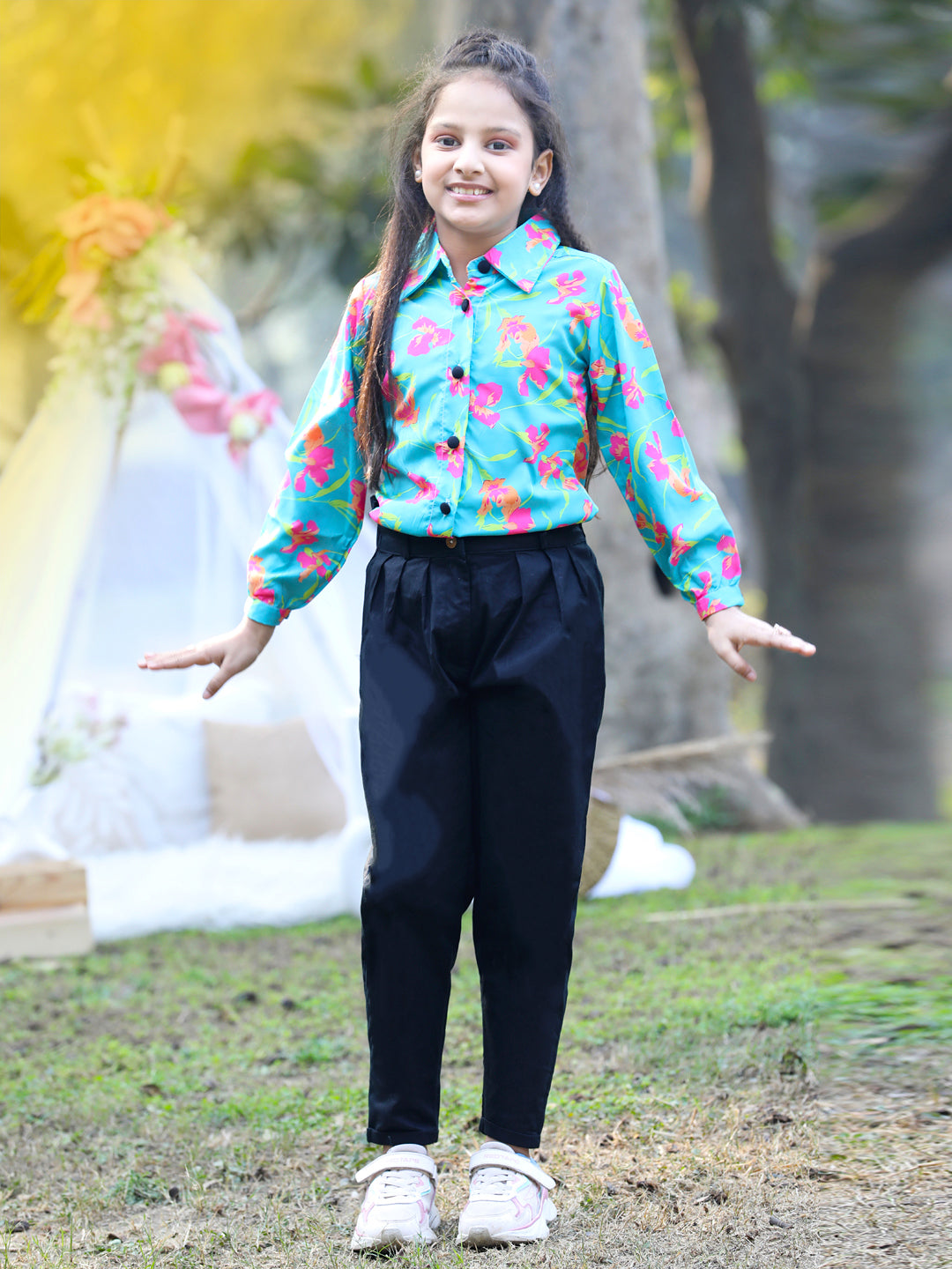 Cutiekins Collar Neck Foral Printed Regular Top & Trousers Set -Sea Green & Black