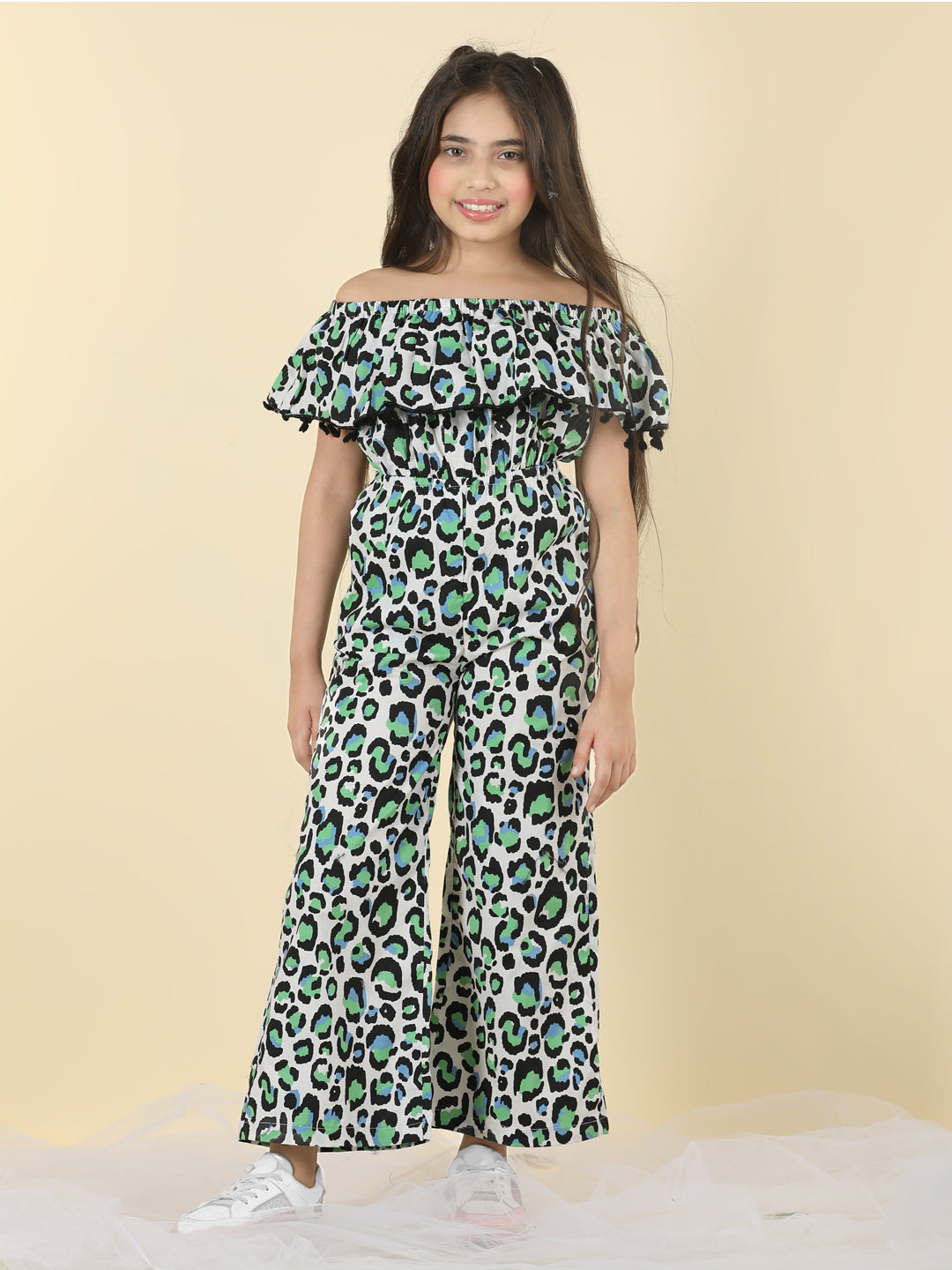 Cutiekins Girls Off Shoulder Abstract Print Jumpsuit -Off White & Green