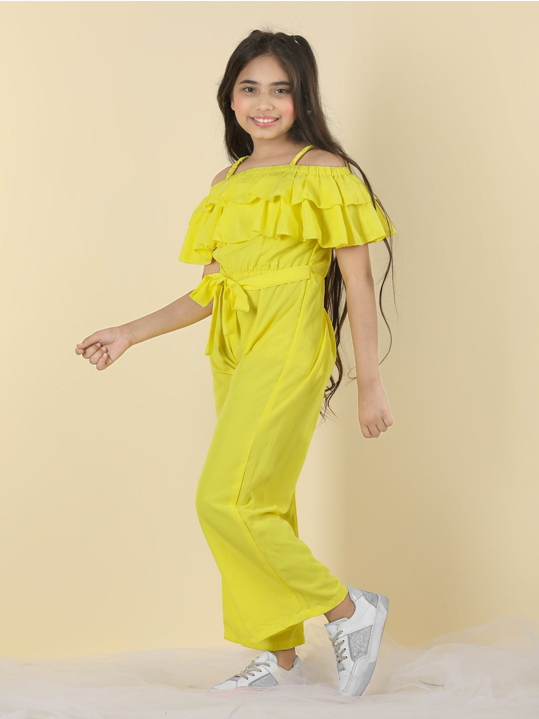 Cutiekins Girls Shoulder Strap Solid Embellished Jumpsuit -Yellow