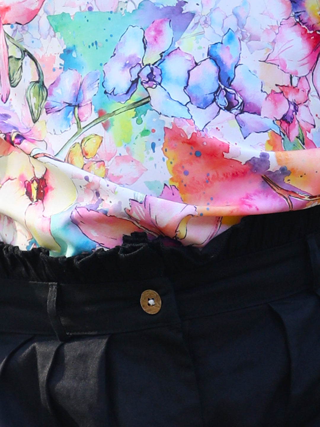 Cutiekins Mandarin Collar Foral Printed Regular Top & Trousers Set -Multi & Black