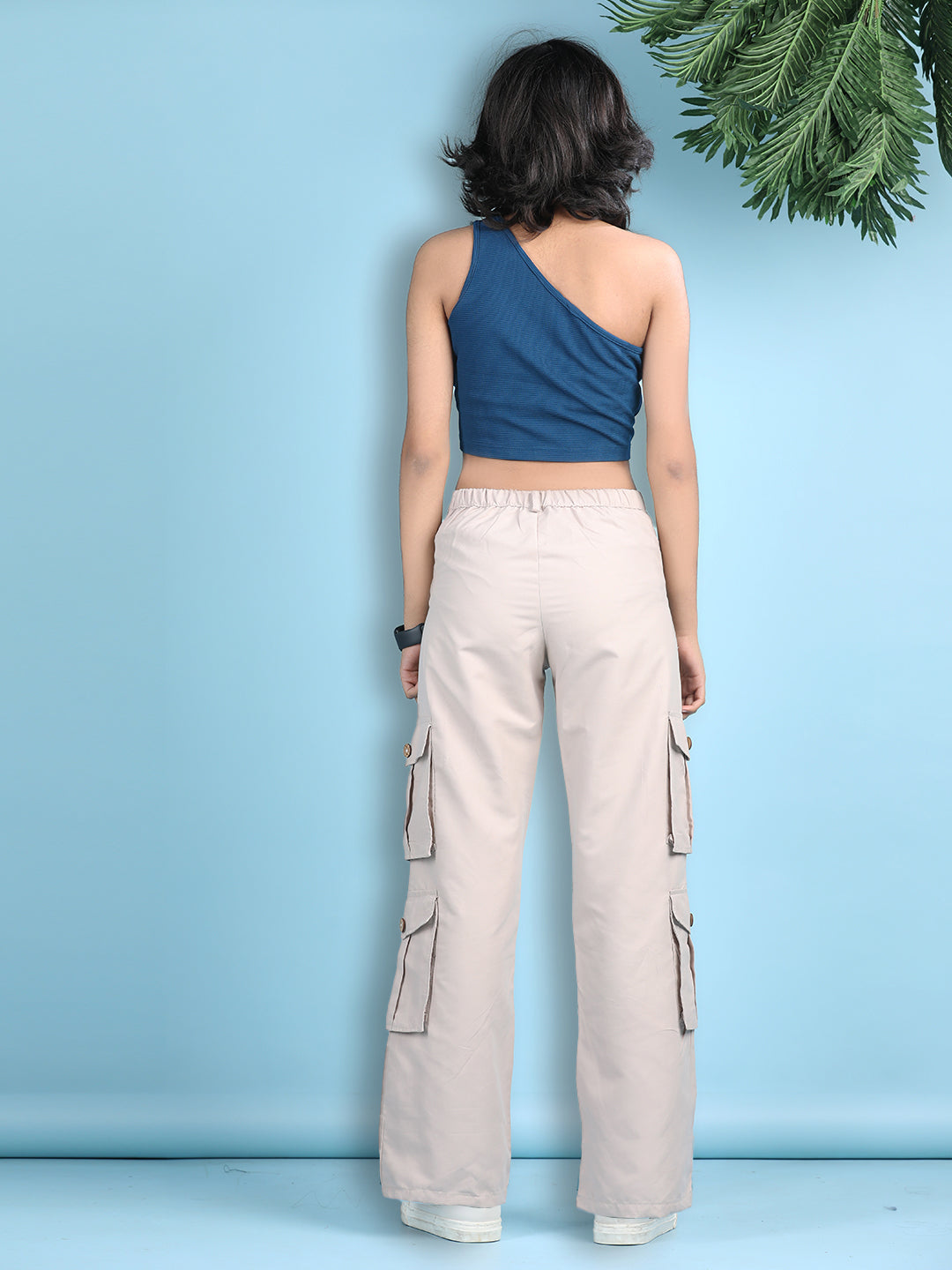 Cutiekins Girls Solid Embellished Top with Solid Cargo -Roayal Blue & Beige