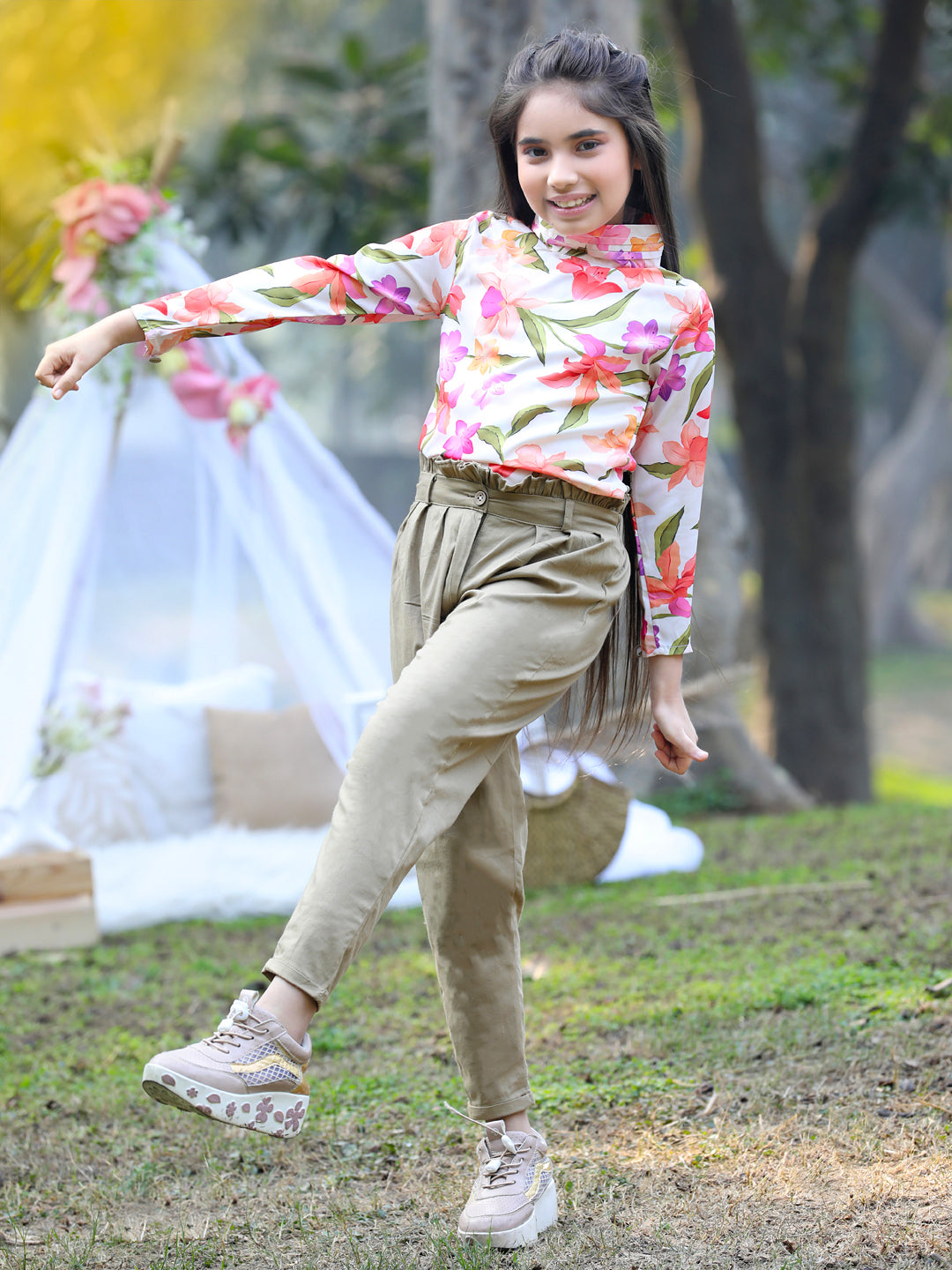 Cutiekins Mandarin Collar Foral Printed Regular Top & Trousers Set -Baige & Khaki