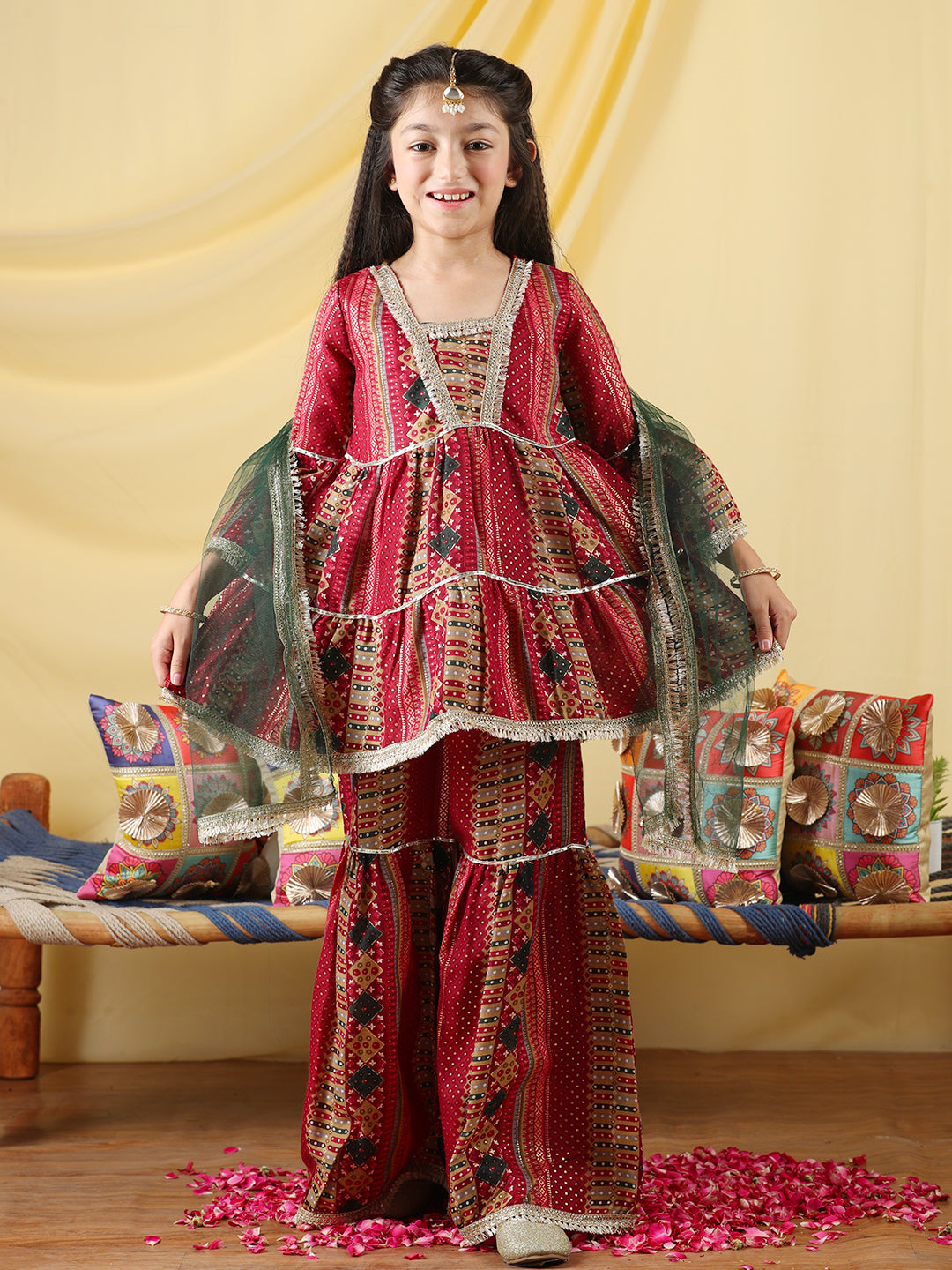 Cutiekins Girls Embroidered Bandhani Print Empire Kurta & Sharara with Dupatta -Maroon & Gold