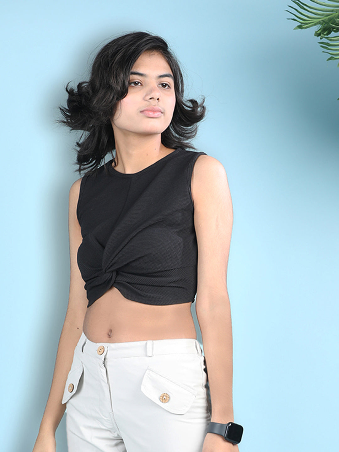 Cutiekins Girls Solid Embellished Gathered Style Crop Top -Black