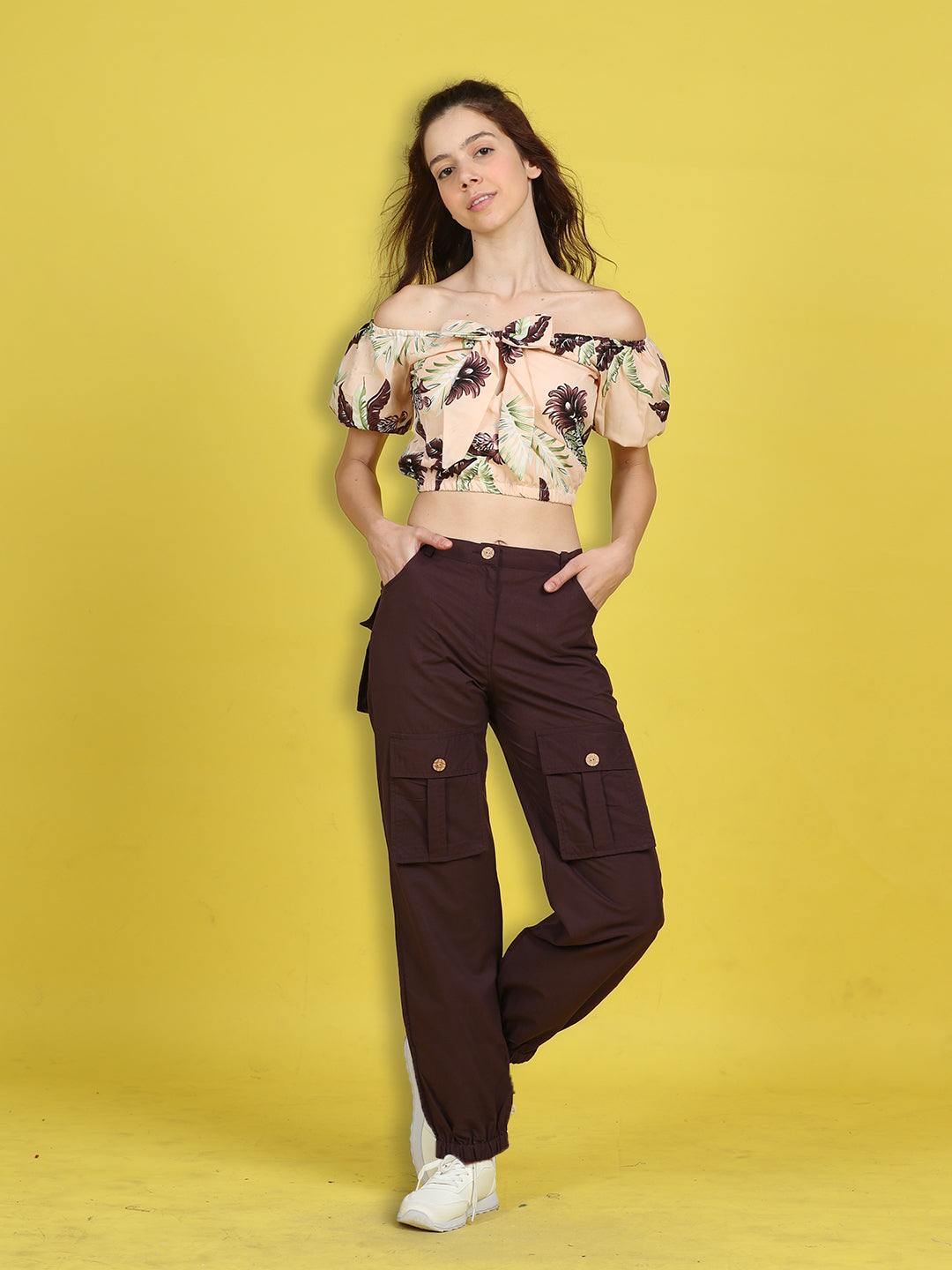 Cutiekins Girls Trendy Bold Look Crop Top With Solid Cargo -Peach & Brown