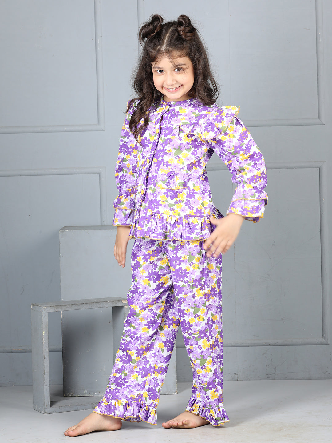 Cutiekins Girls Shirt Style Floral Printed Top With Printed Palazzo Nightsuit -Purple & Yellow