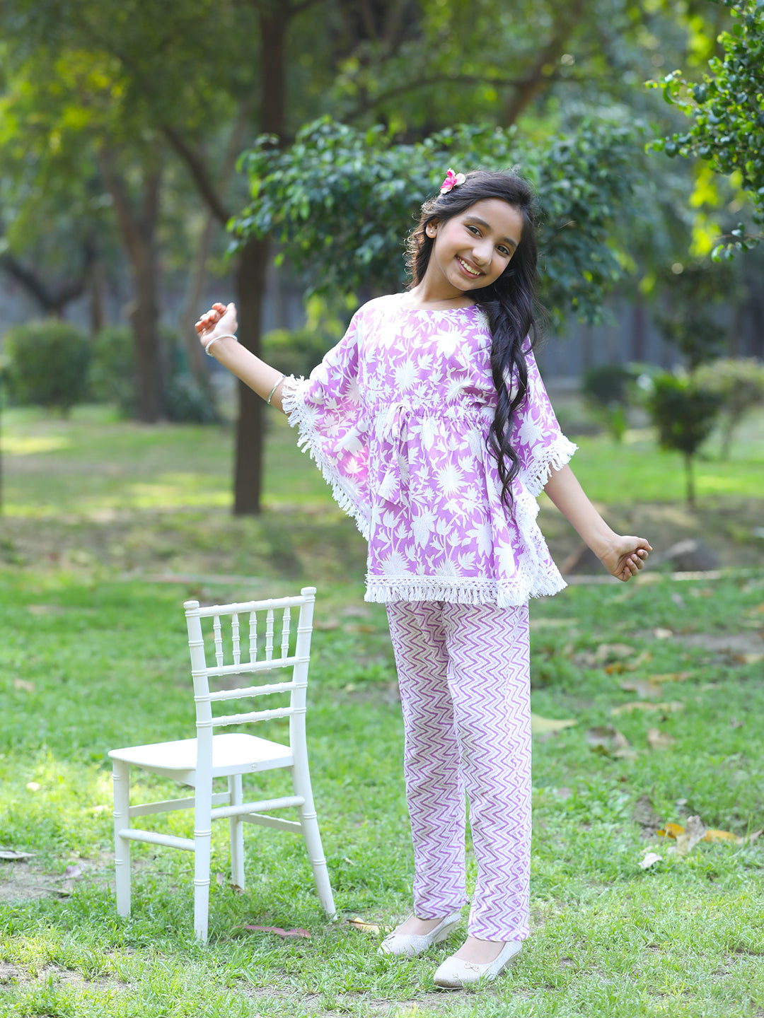 Cutiekins Girls Trendy Floral Print Kaftan Kurta and Palazzo Set -White & Purple