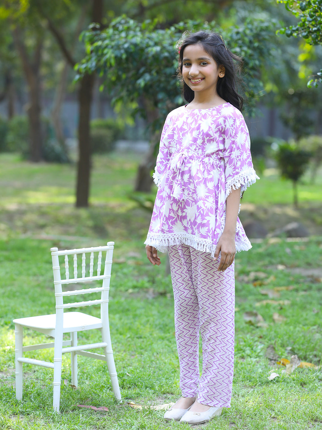 Cutiekins Girls Trendy Floral Print Kaftan Kurta and Palazzo Set -White & Purple