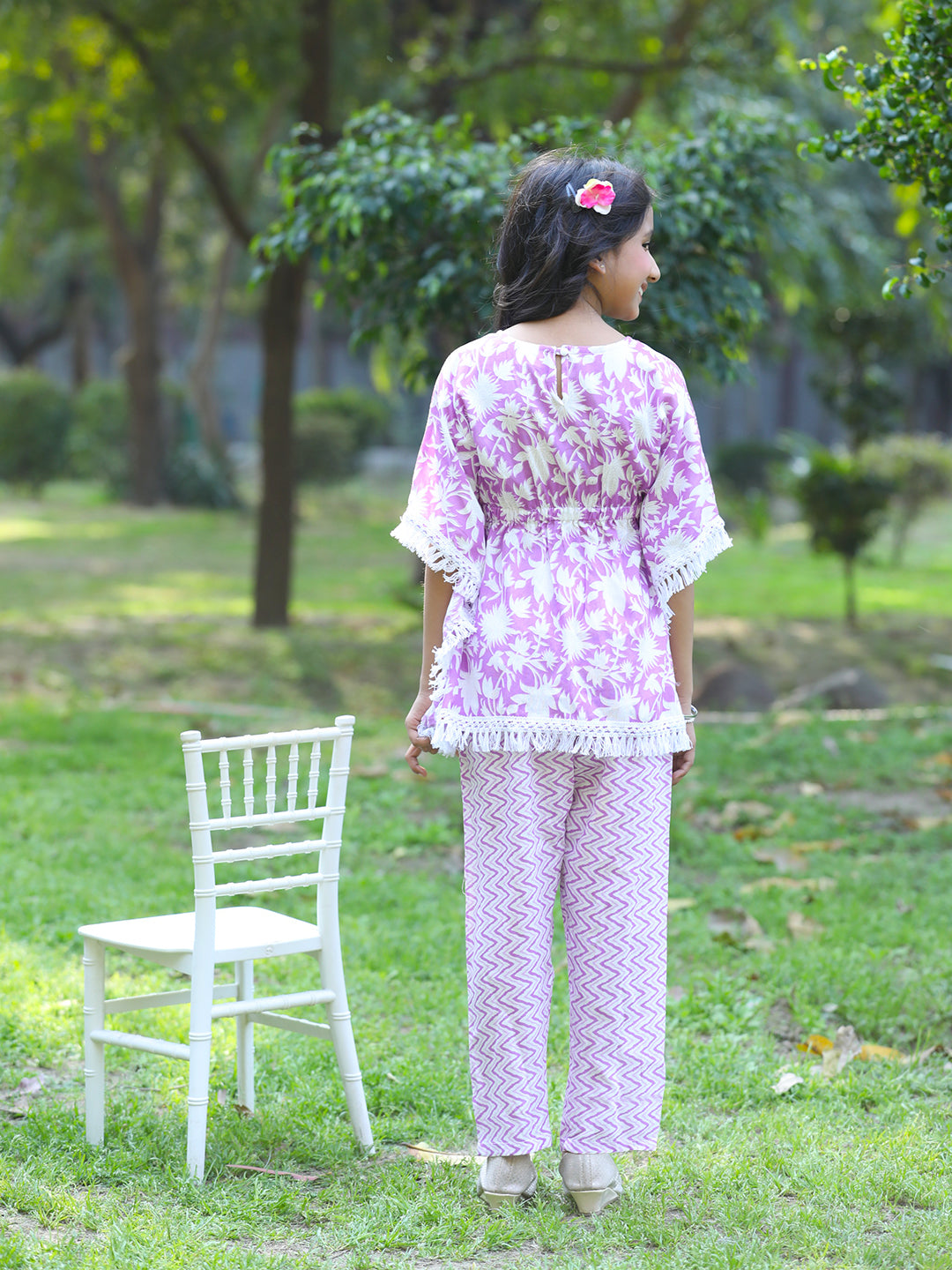 Cutiekins Girls Trendy Floral Print Kaftan Kurta and Palazzo Set -White & Purple