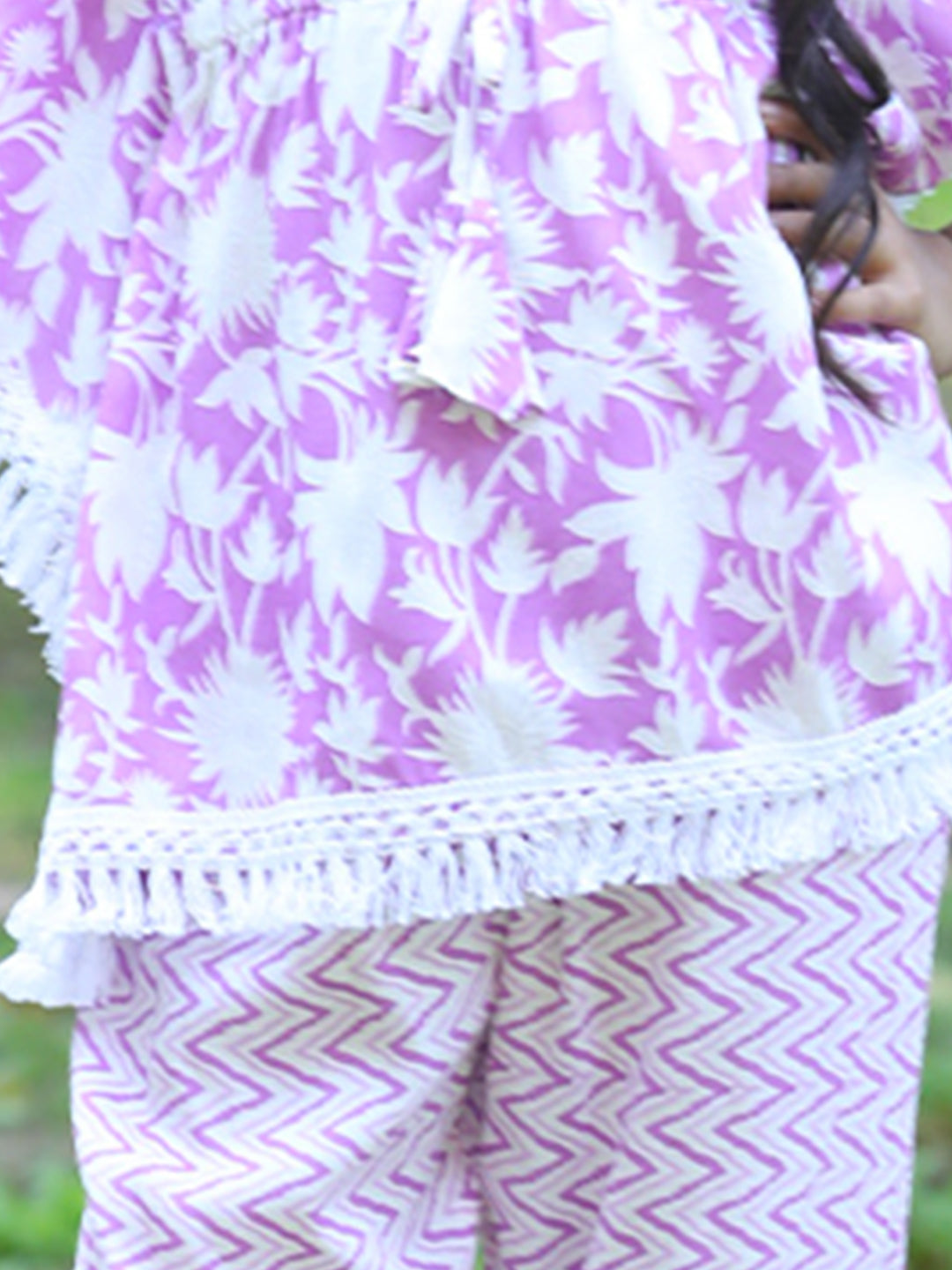 Cutiekins Girls Trendy Floral Print Kaftan Kurta and Palazzo Set -White & Purple