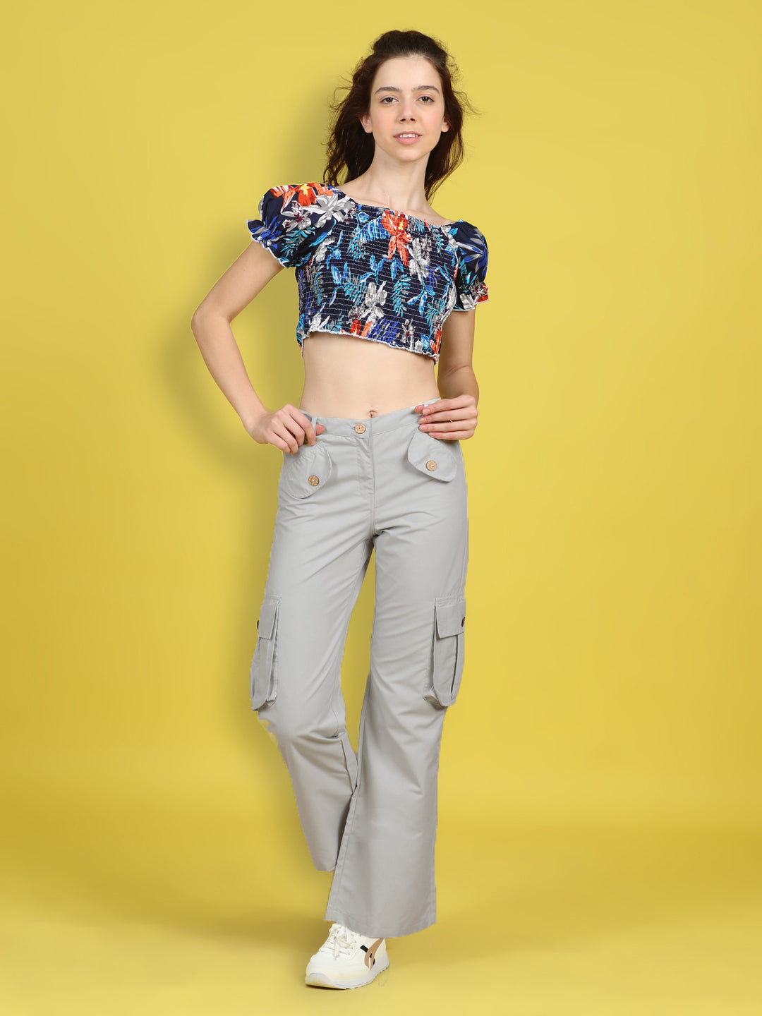 Cutiekins Girls Trendy Bold Look Crop Top With Solid Cargo -Navy Blue & Beige