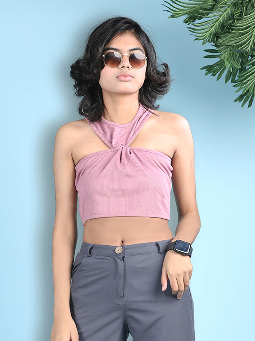 Cutiekins Girls Solid Embellished Stylish Halter Neck Crop Top -Onion Pink