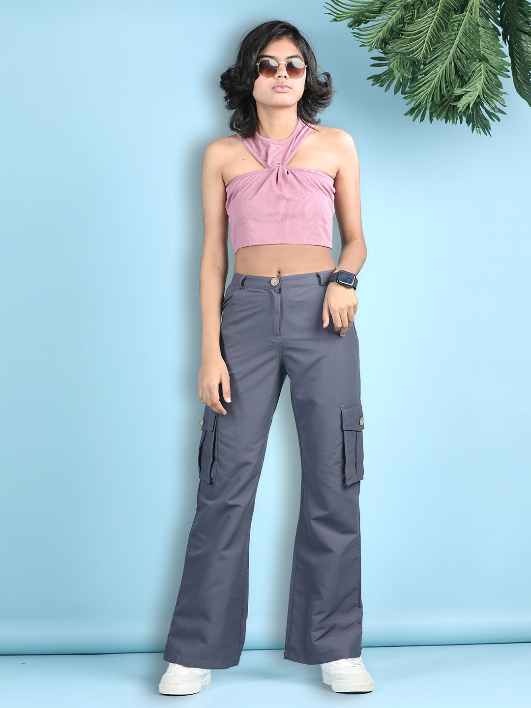 Cutiekins Girls Solid Embellished Top with Solid Cargo -Onioin Pink & Charcoal