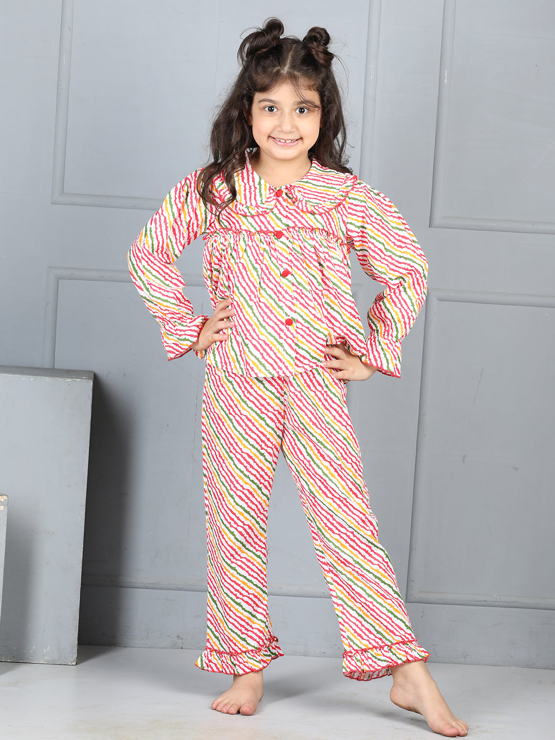 Cutiekins Girls Shirt Style Striped Print Top With Printed Palazzo Nightsuit -Off White & Multi