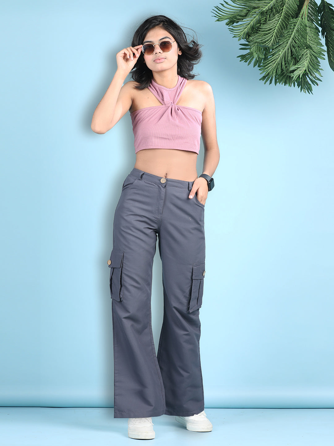 Cutiekins Girls Solid Embellished Top with Solid Cargo -Onioin Pink & Charcoal