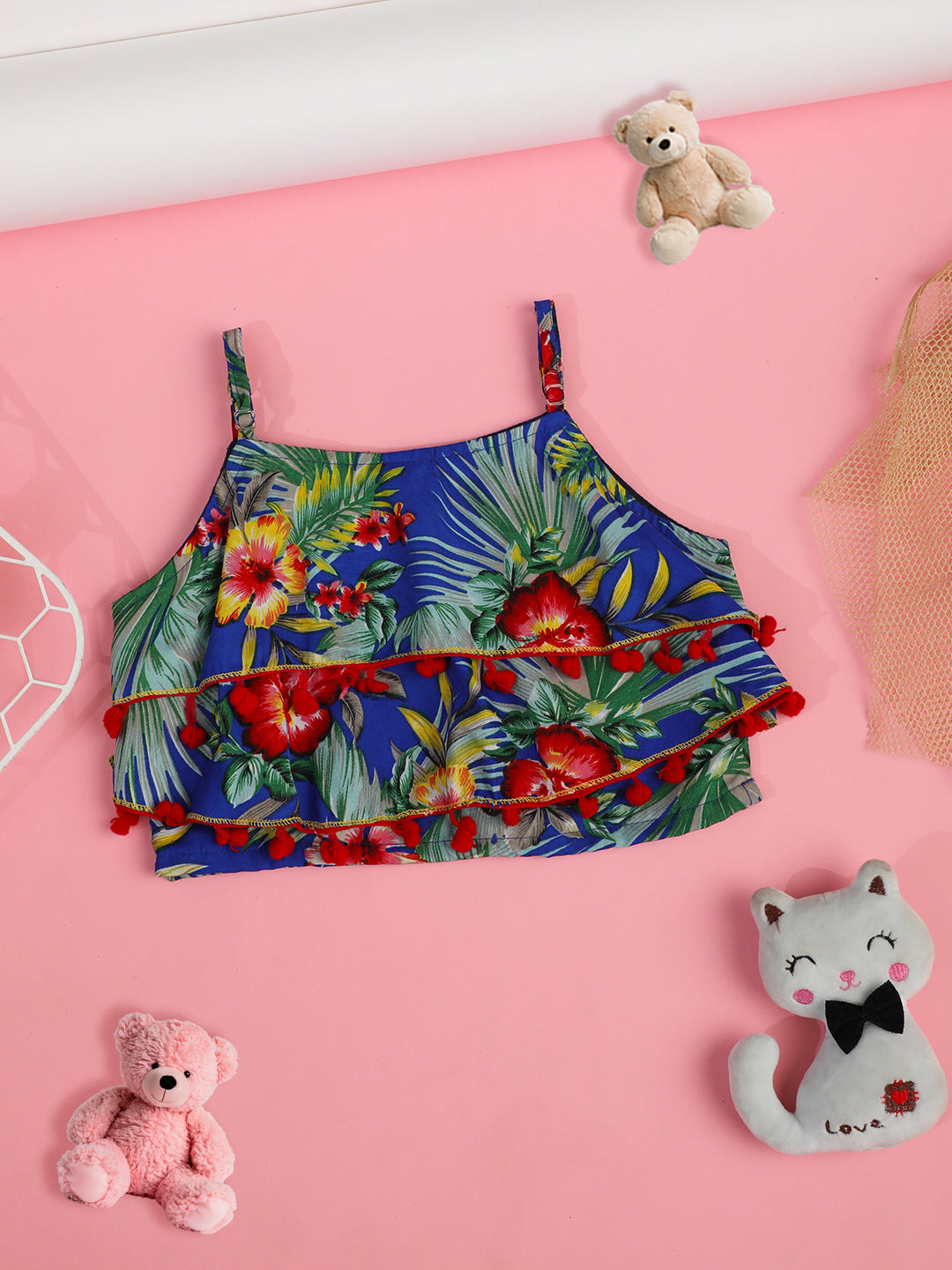 Cutiekins Girls Floral Print Embellished Top -Blue & Red