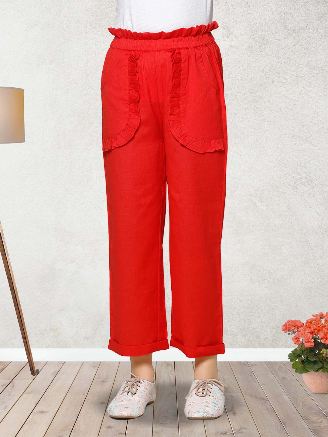 Cutiekins Girls Red Knitted Linen Palazzos