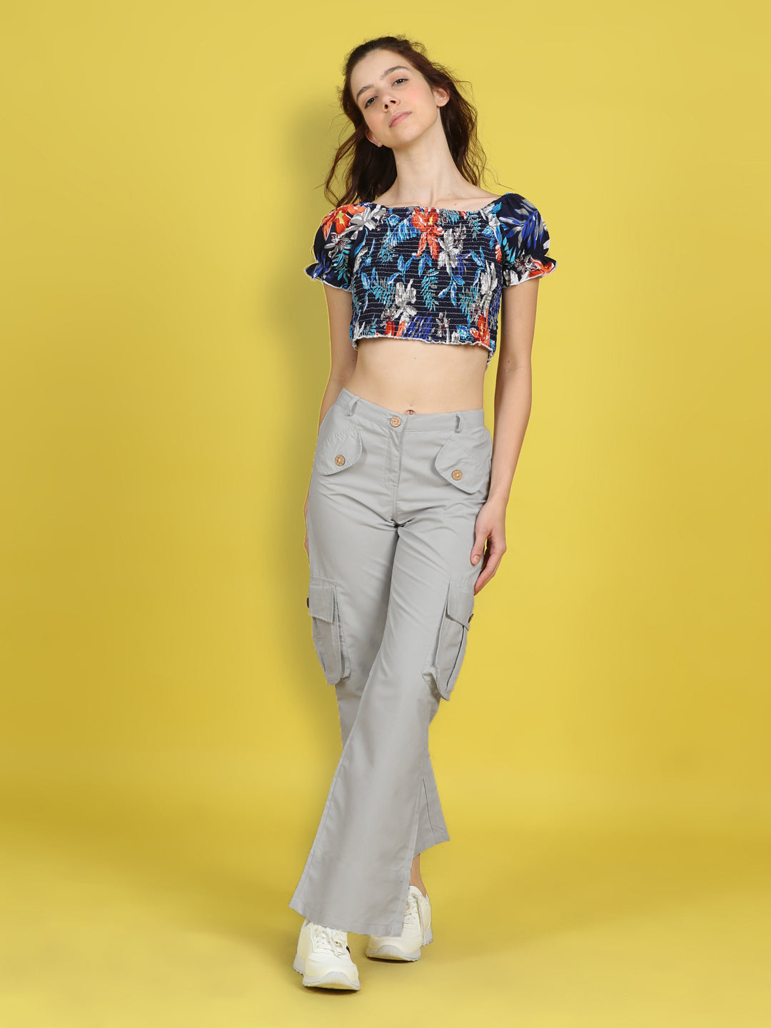 Cutiekins Girls Trendy Bold Look Crop Top With Solid Cargo -Navy Blue & Beige