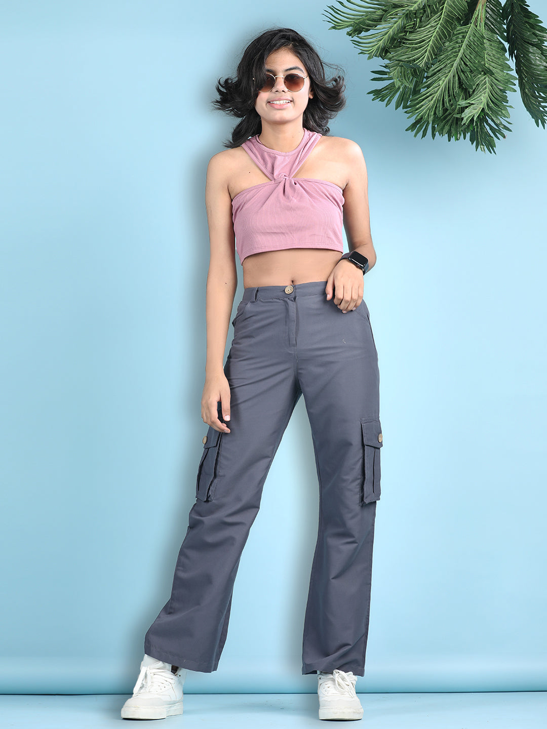 Cutiekins Girls Solid Embellished Top with Solid Cargo -Onioin Pink & Charcoal